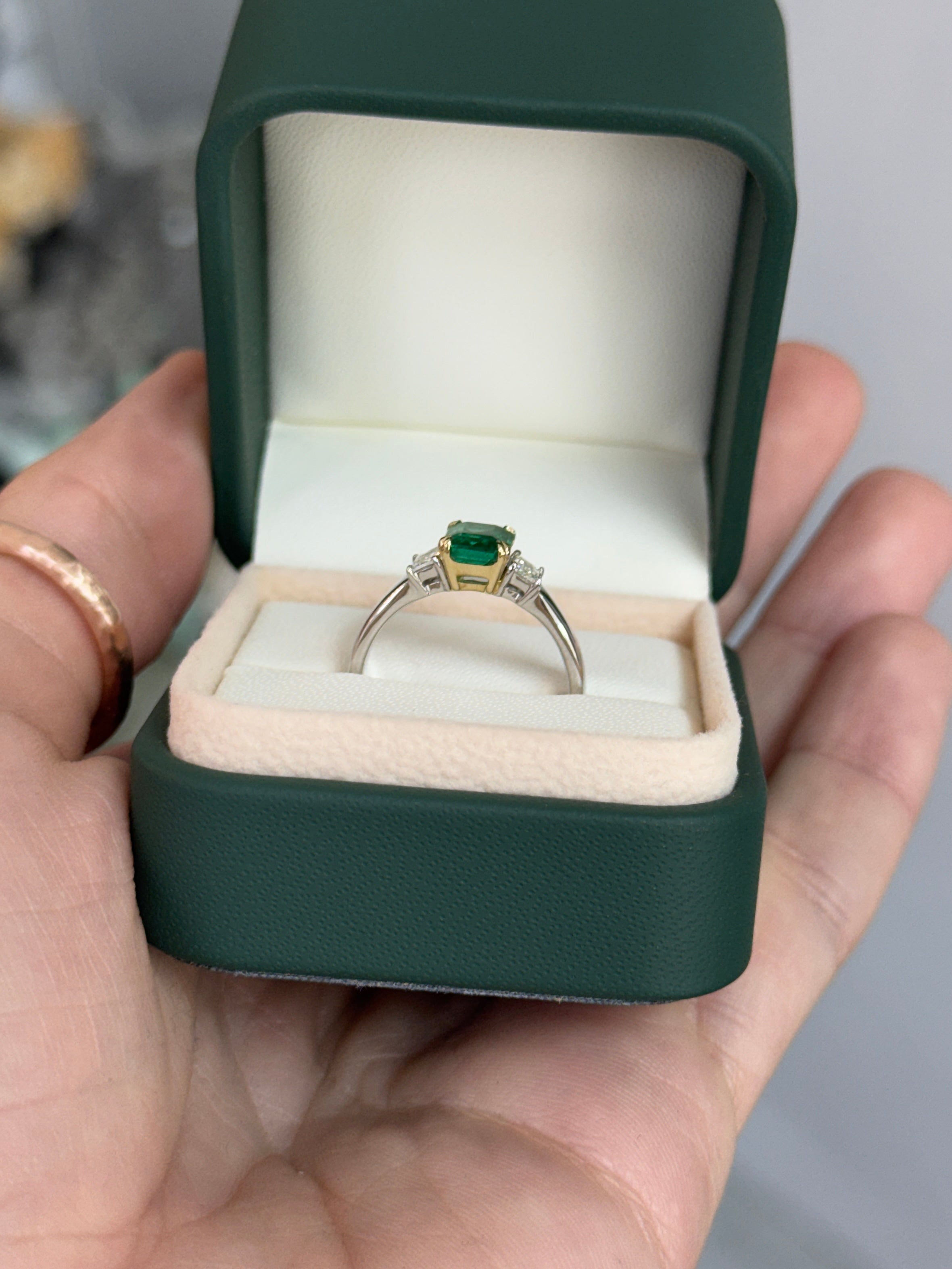 1.81tcw 14K PLAT Natural Emerald Cut Emerald & Trapezoid Diamond Three Stone Ring