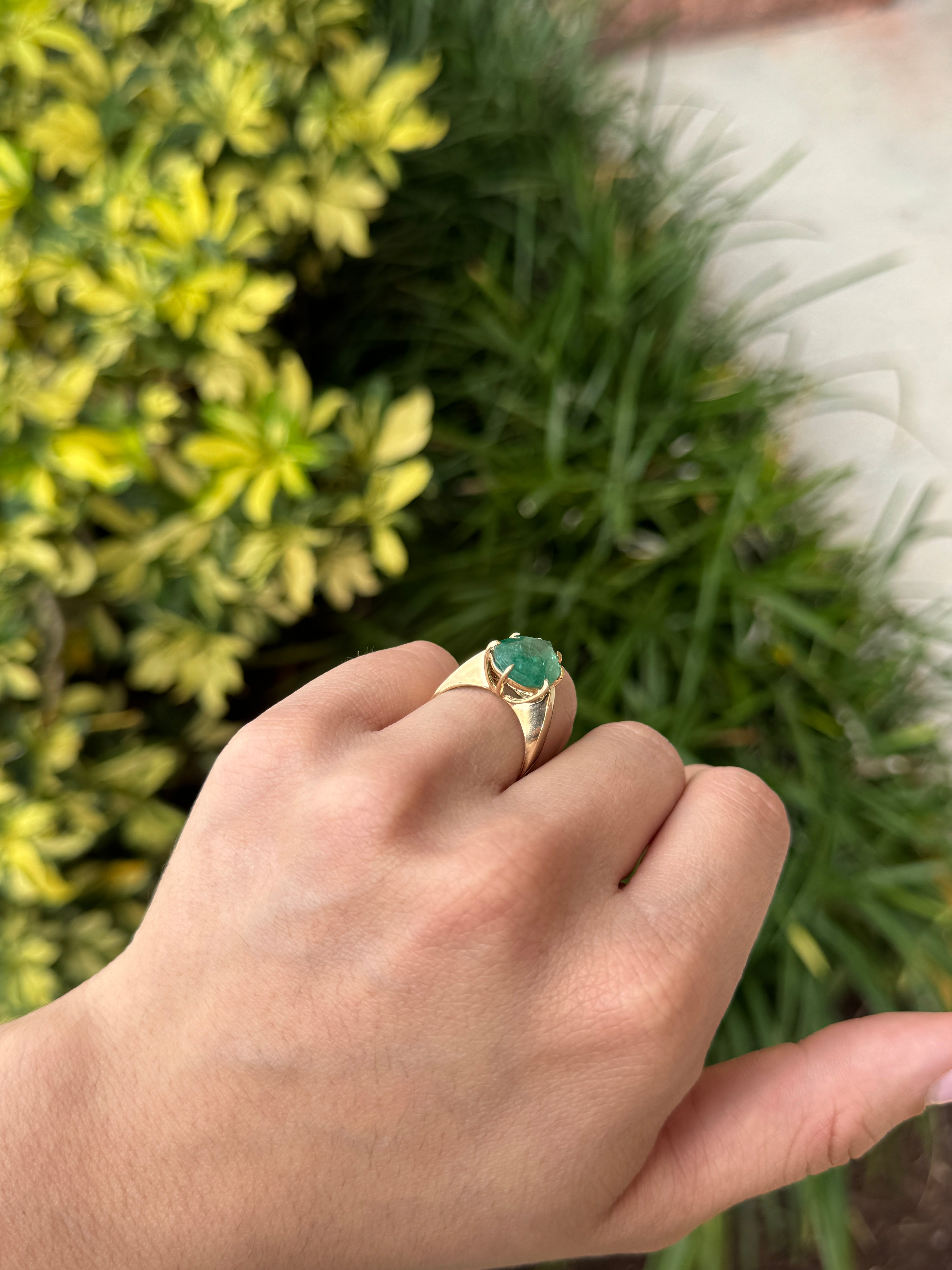 7.60 Carat Old World Pear Cut Emerald Wide Band Multi Prong Solitaire Ring 14K