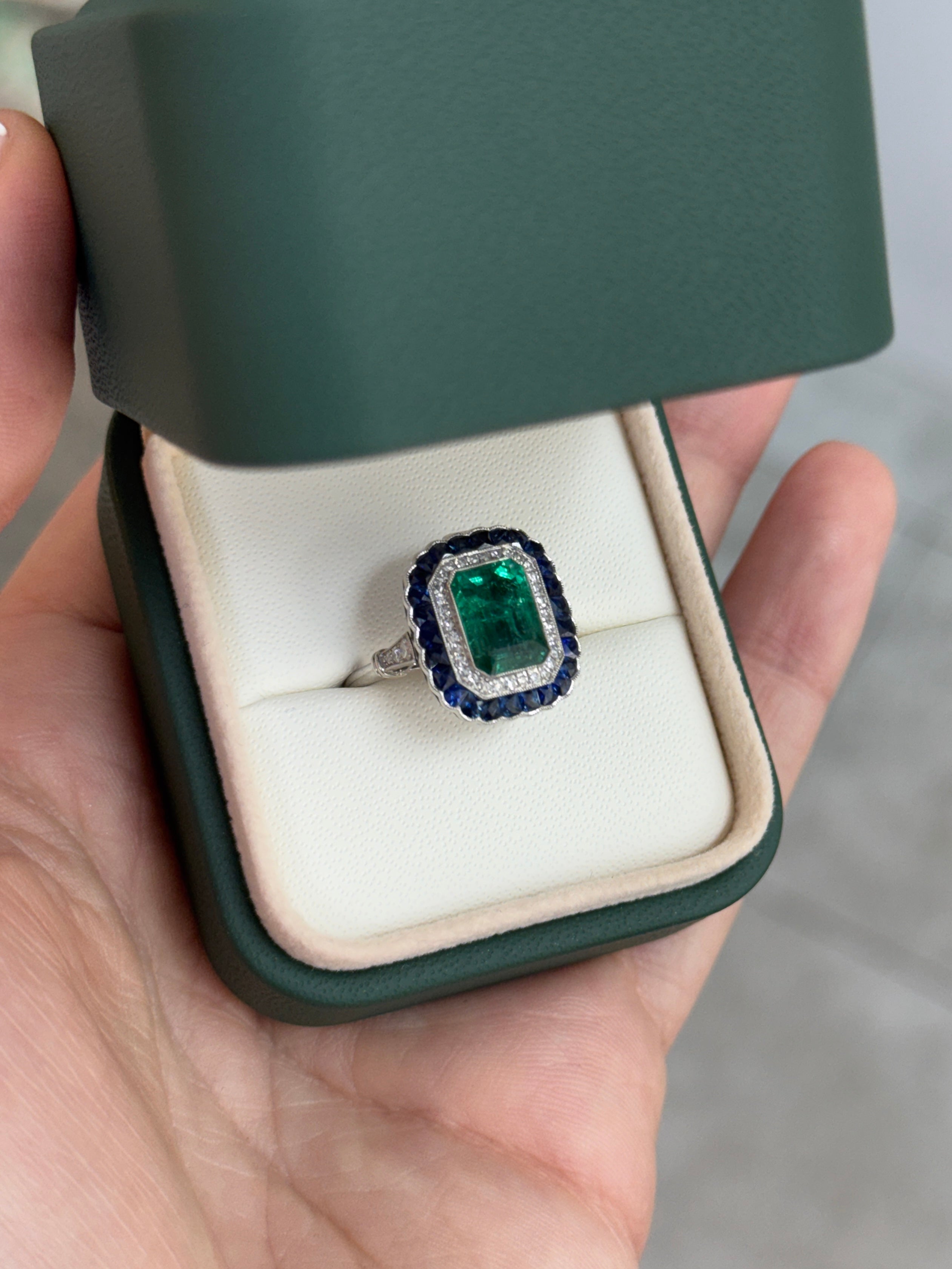 2.85tcw PLAT Natural Green Emerald Cut Emerald & Diamond/Half Moon Sapphire Double Halo Convertible 2 in 1 Ring Pendant