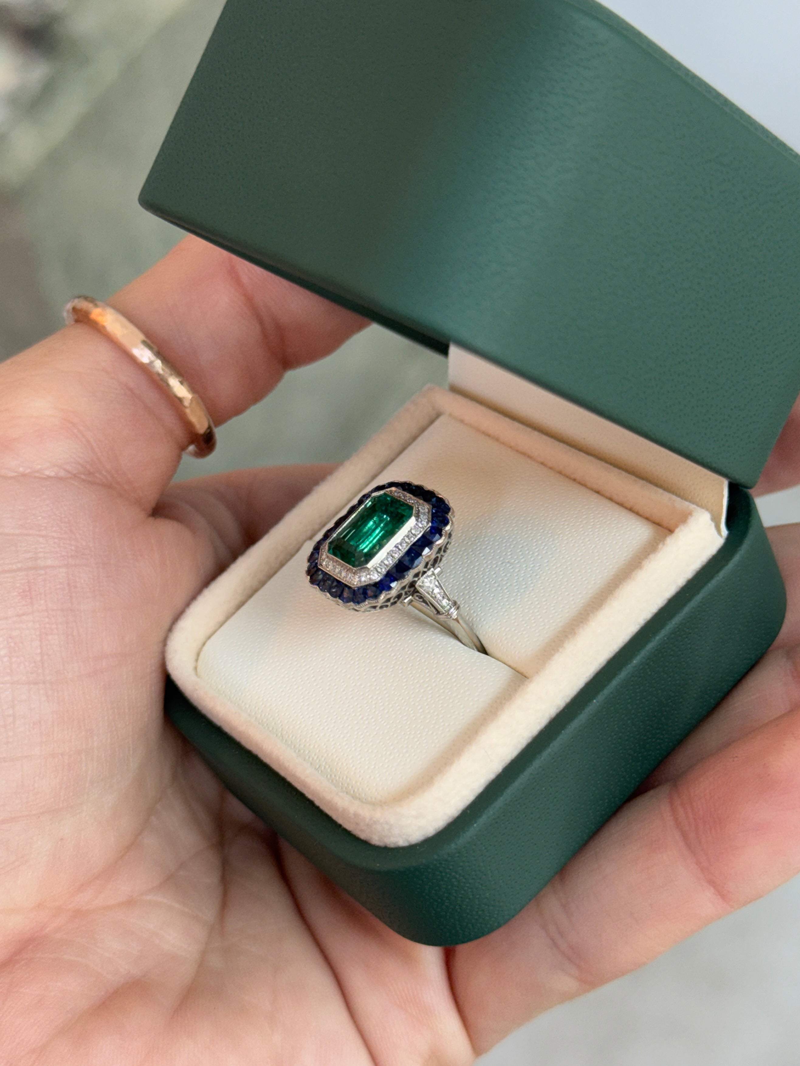 2.85tcw PLAT Natural Green Emerald Cut Emerald & Diamond/Half Moon Sapphire Double Halo Convertible 2 in 1 Ring Pendant