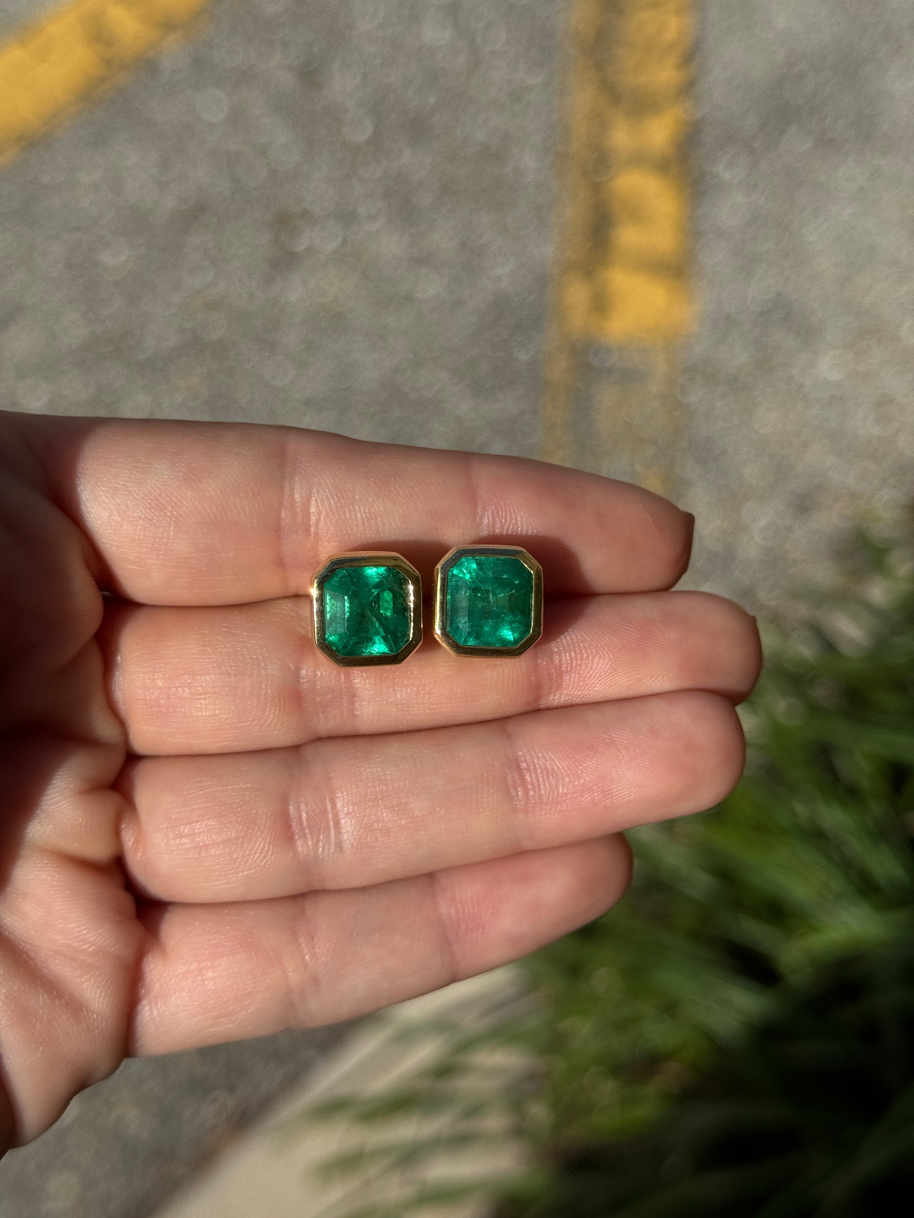10.35tcw AAA+ RARE FIND Asscher Cut Colombian Emerald Bezel Set Studs 18K