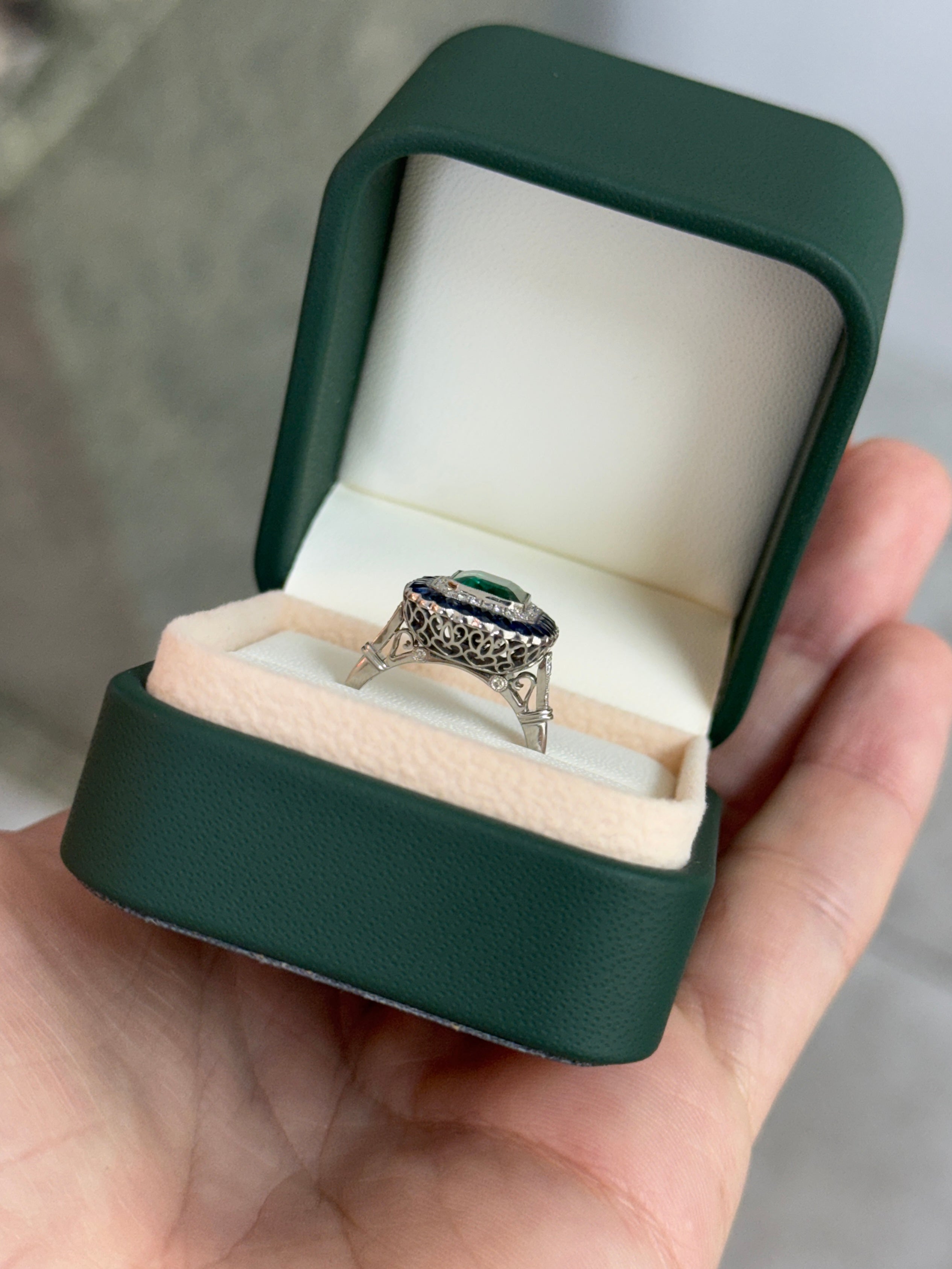 2.85tcw PLAT Natural Green Emerald Cut Emerald & Diamond/Half Moon Sapphire Double Halo Convertible 2 in 1 Ring Pendant