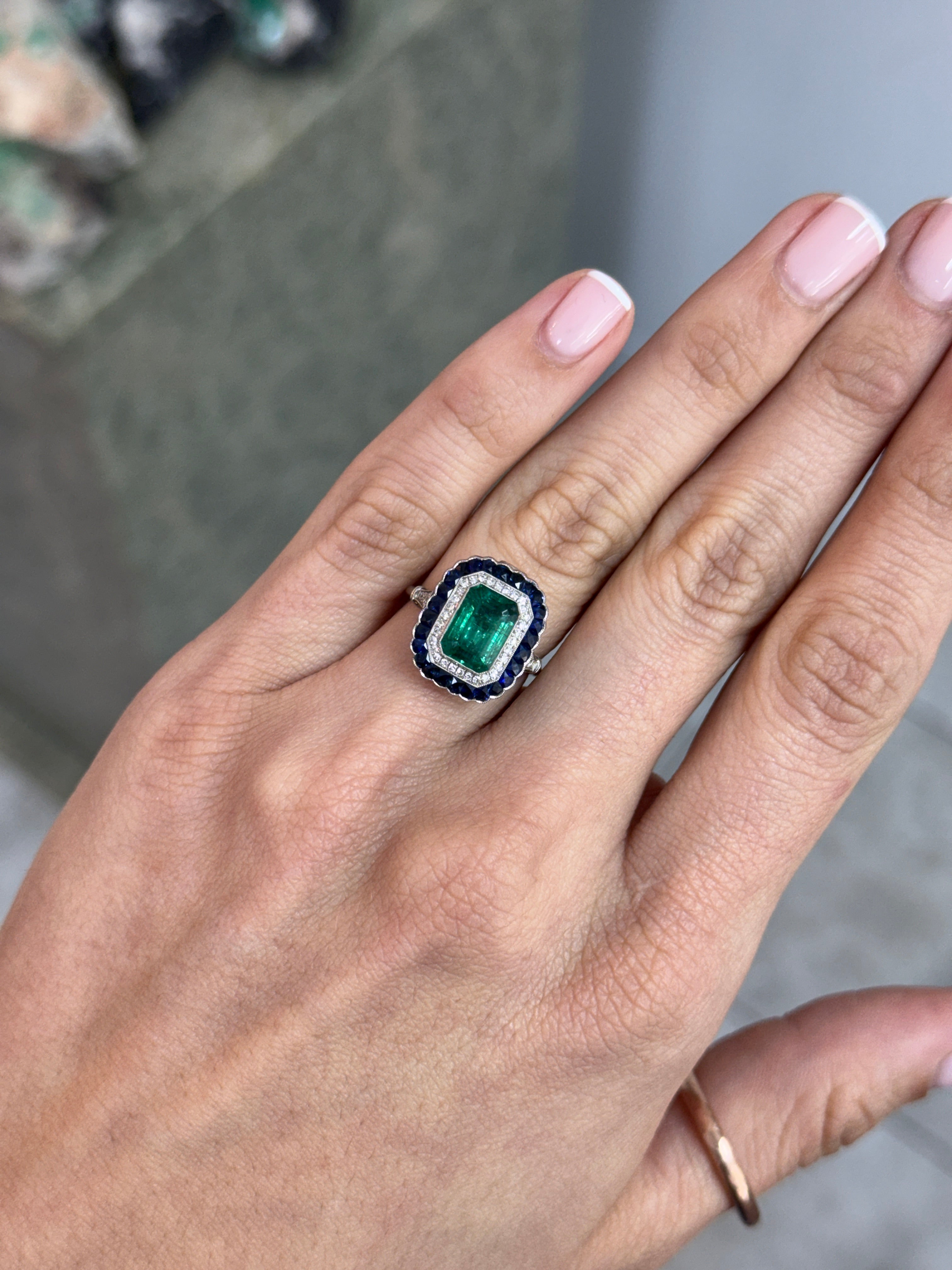 2.85tcw PLAT Natural Green Emerald Cut Emerald & Diamond/Half Moon Sapphire Double Halo Convertible 2 in 1 Ring Pendant