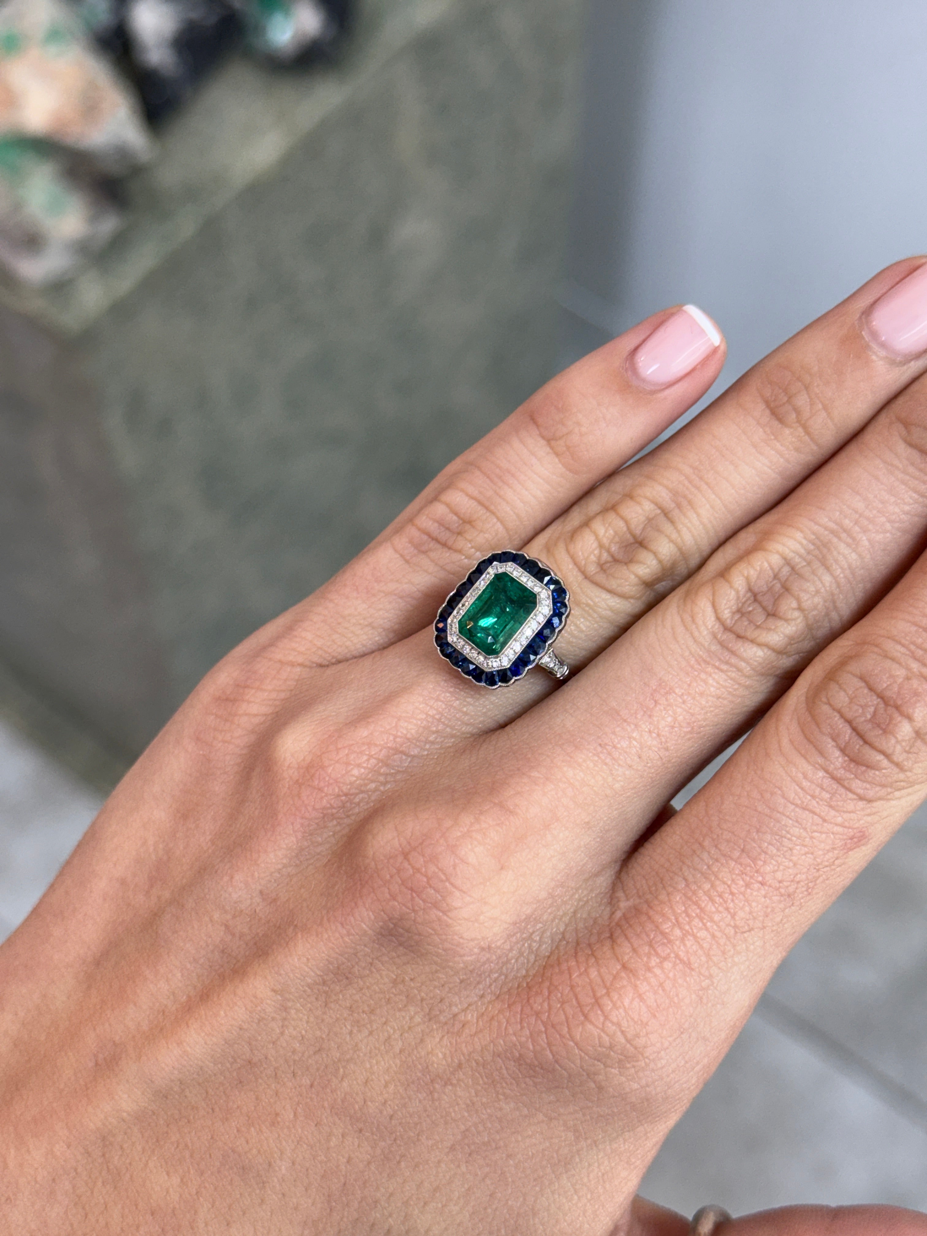 2.85tcw PLAT Natural Green Emerald Cut Emerald & Diamond/Half Moon Sapphire Double Halo Convertible 2 in 1 Ring Pendant