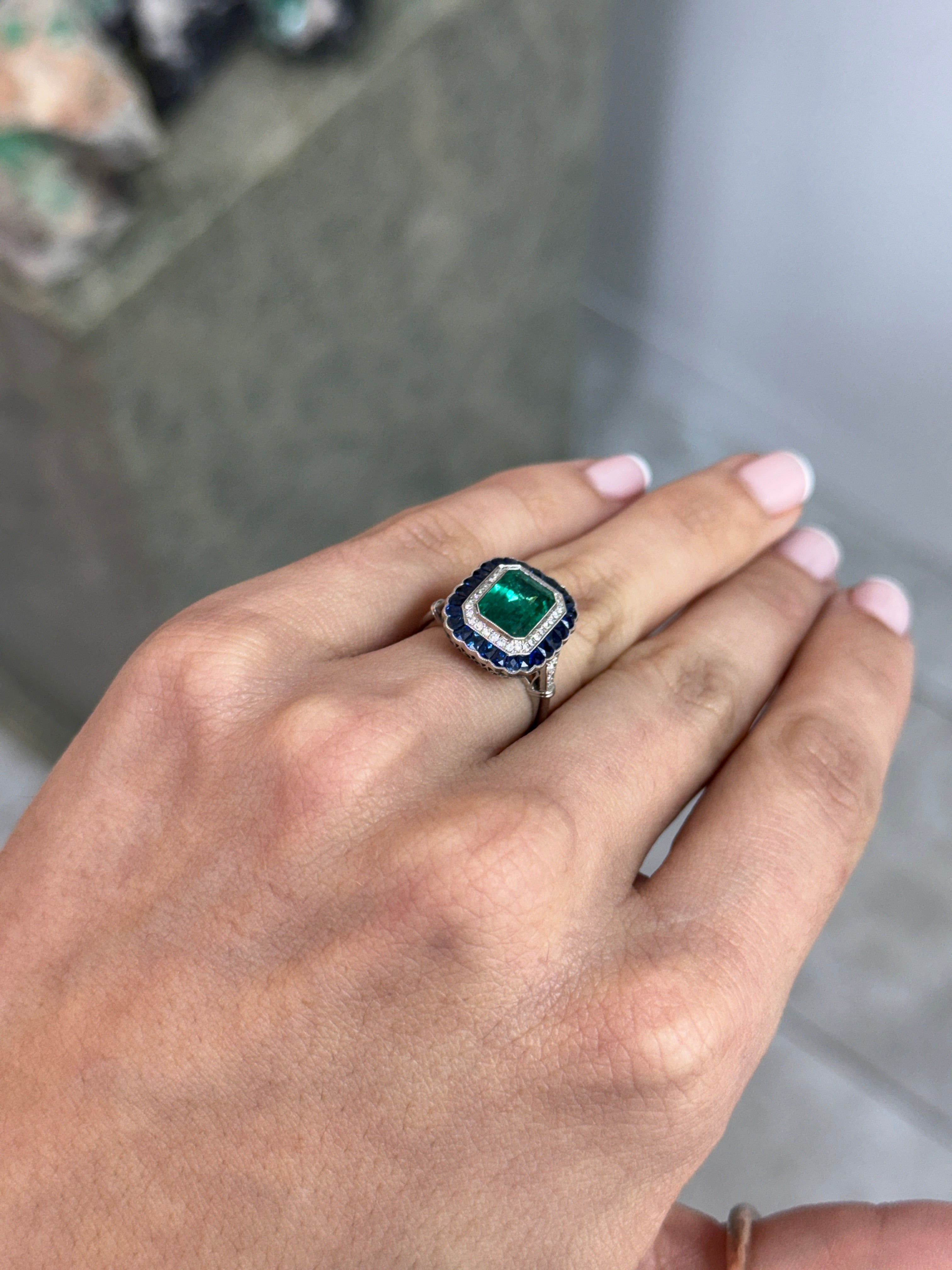2.85tcw PLAT Natural Green Emerald Cut Emerald & Diamond/Half Moon Sapphire Double Halo Convertible 2 in 1 Ring Pendant