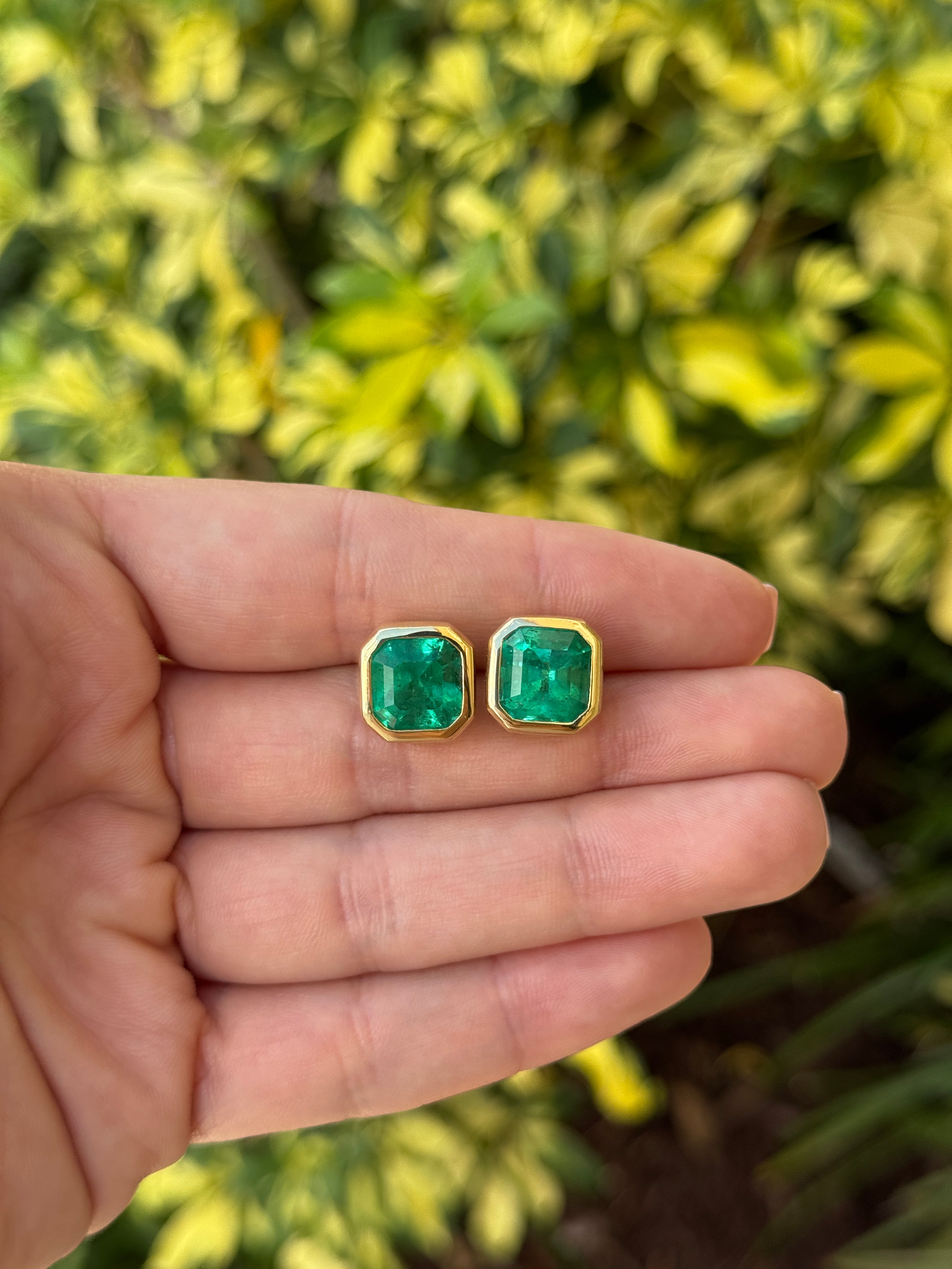 10.35tcw AAA+ RARE FIND Asscher Cut Colombian Emerald Bezel Set Studs 18K