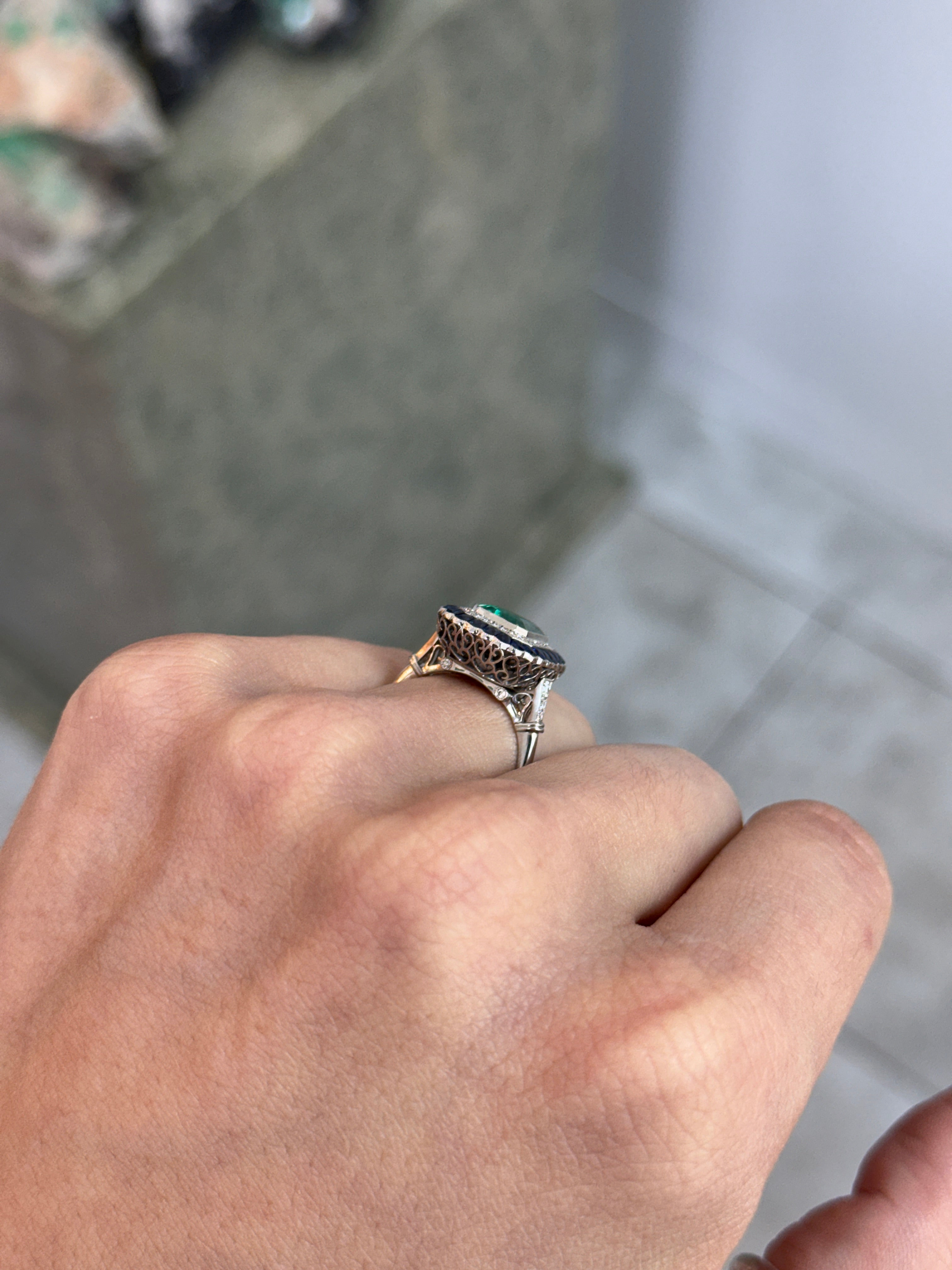 2.85tcw PLAT Natural Green Emerald Cut Emerald & Diamond/Half Moon Sapphire Double Halo Convertible 2 in 1 Ring Pendant