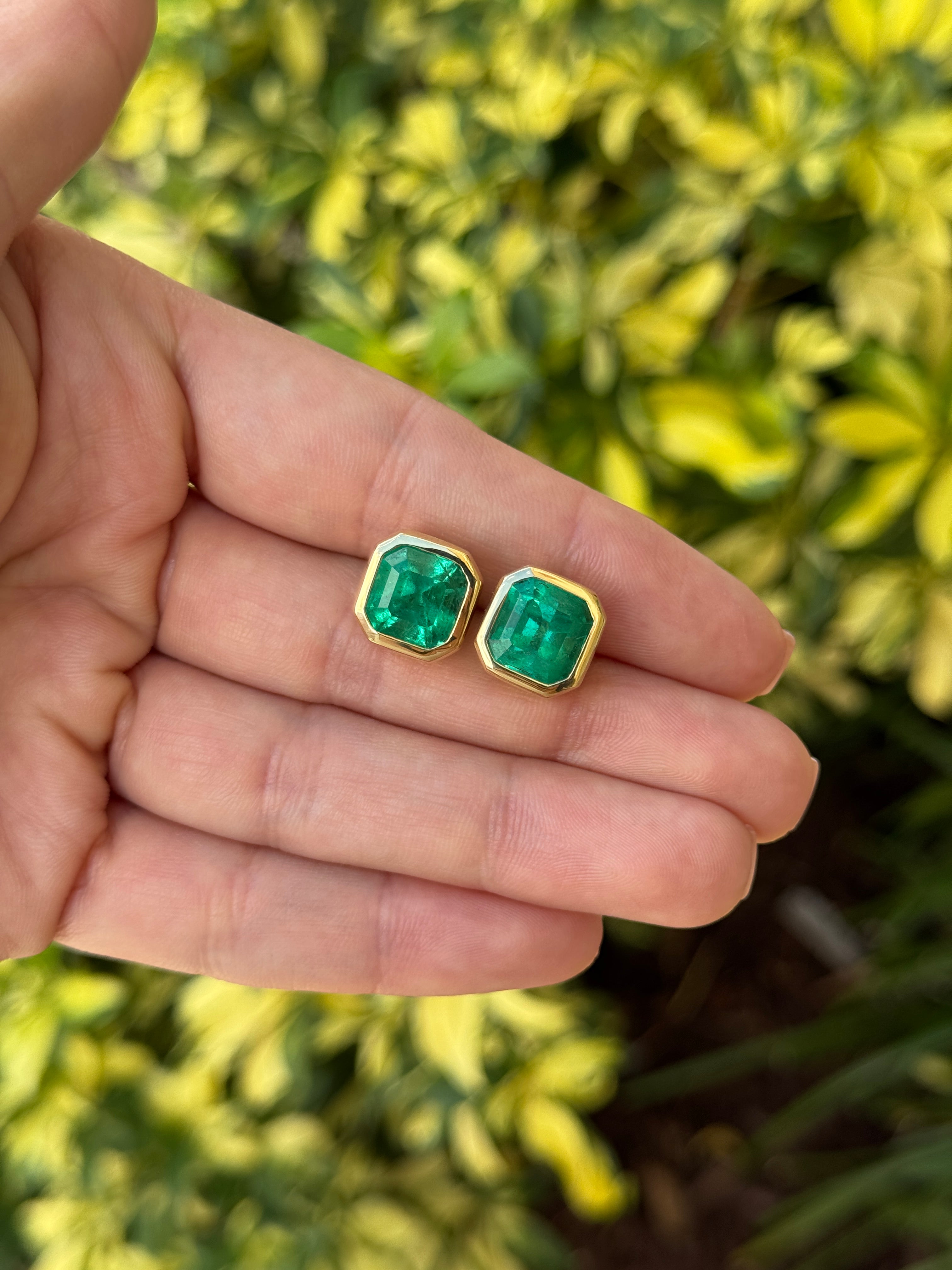 10.35tcw AAA+ RARE FIND Asscher Cut Colombian Emerald Bezel Set Studs 18K
