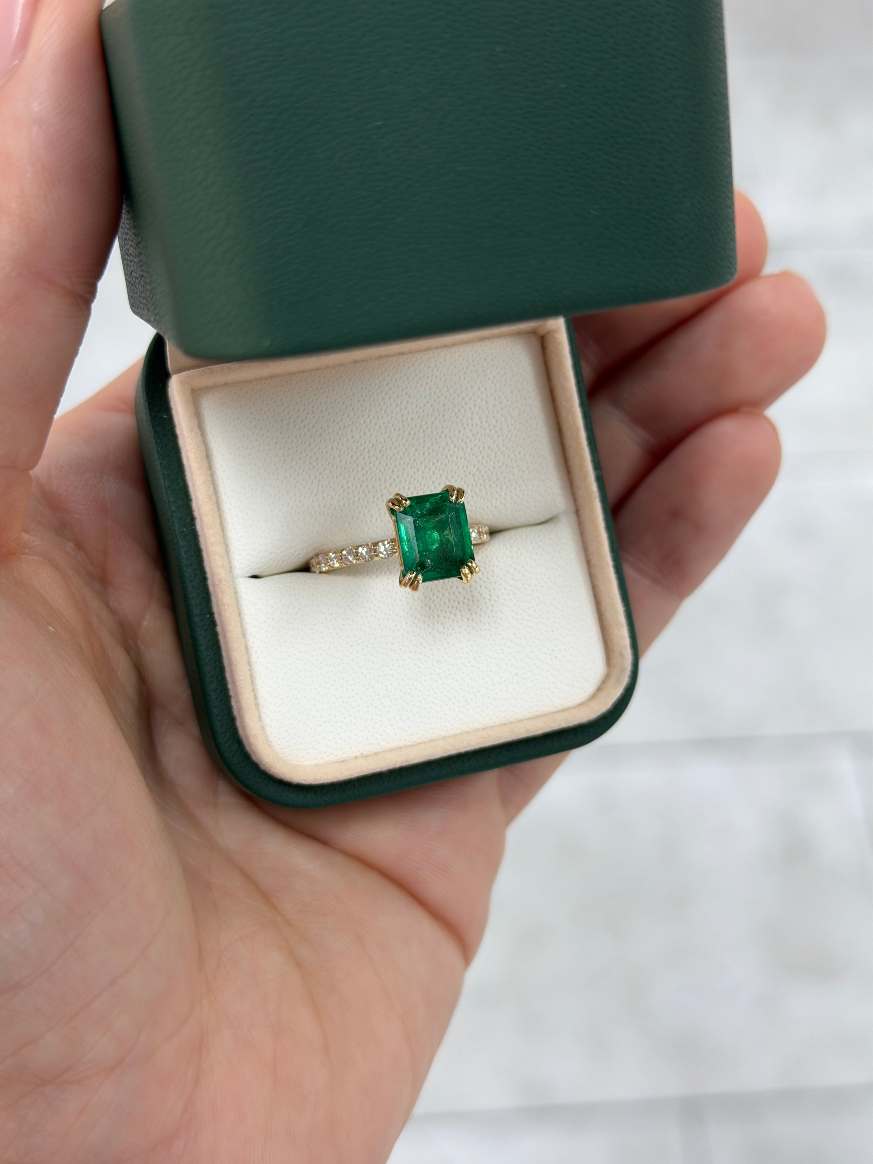3.47 Double Prong Emerald Solitaire & Diamond Accent Engagement Ring 14K