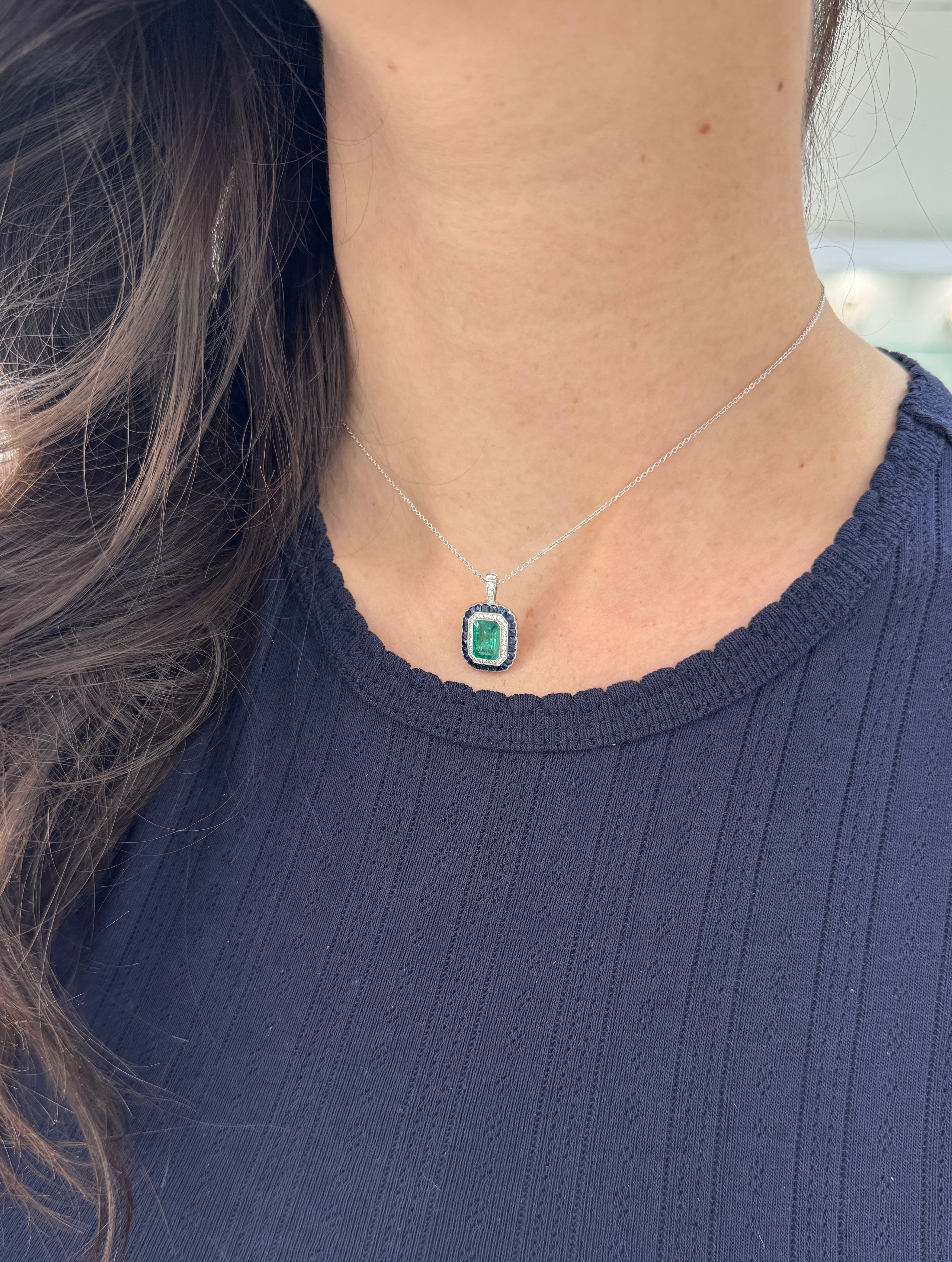 2.85tcw PLAT Natural Green Emerald Cut Emerald & Diamond/Half Moon Sapphire Double Halo Convertible 2 in 1 Ring Pendant