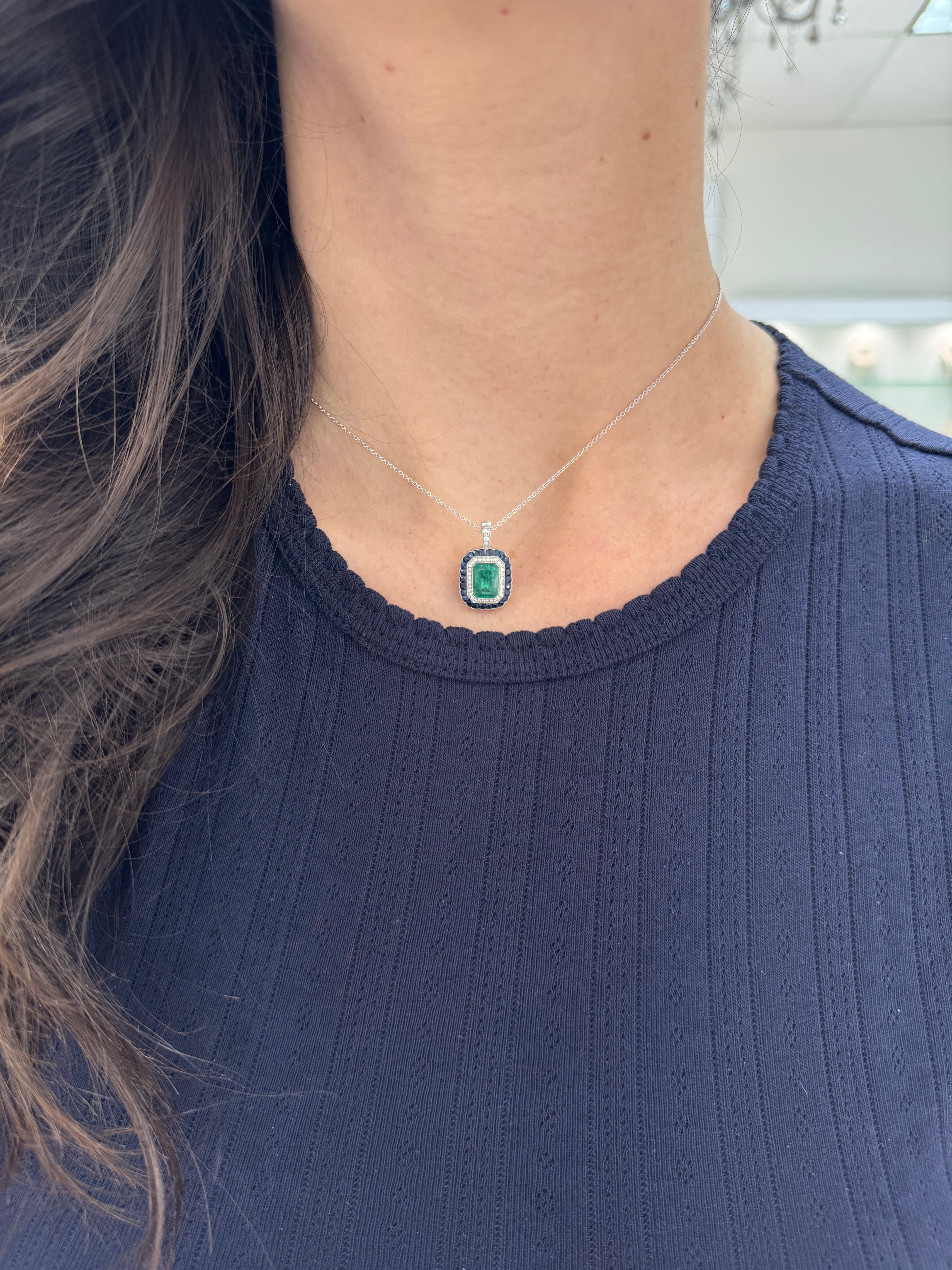 2.85tcw PLAT Natural Green Emerald Cut Emerald & Diamond/Half Moon Sapphire Double Halo Convertible 2 in 1 Ring Pendant