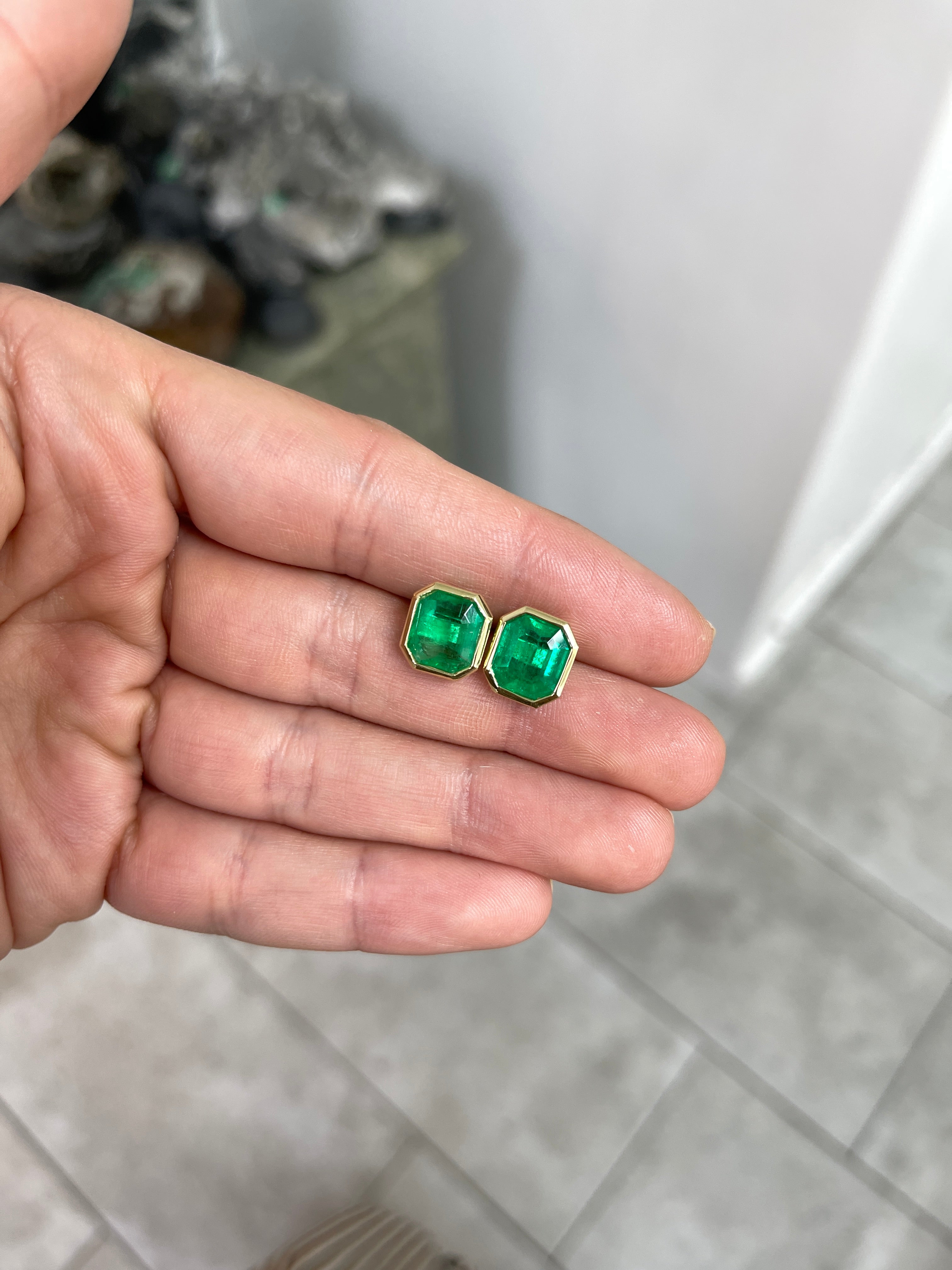 6.23TCW Chunky Emerald Cut Colombian Emerald Bezel Statement Earrings 14K - JR Colombian Emeralds