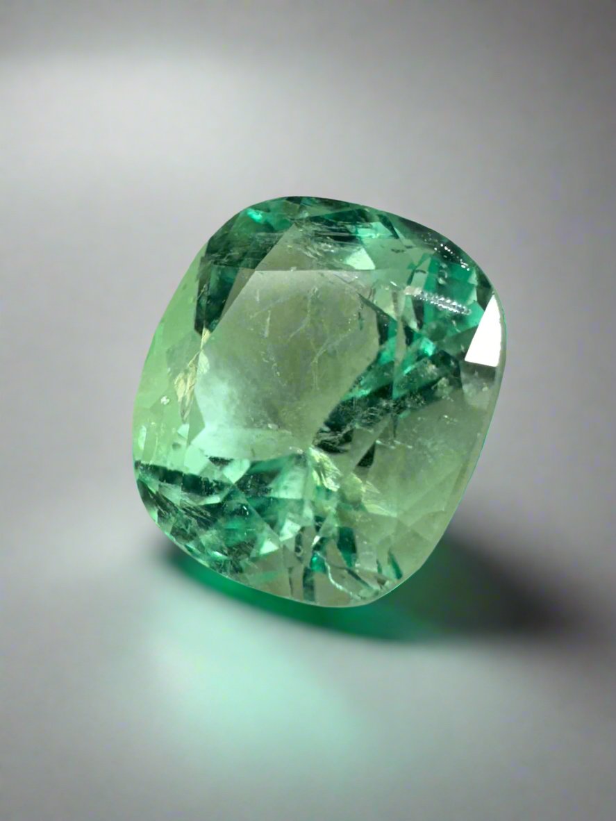 4.13 Carat 10x9 Pastel Yellowish Green Natural Loose Colombian Emerald-Cushion Cut