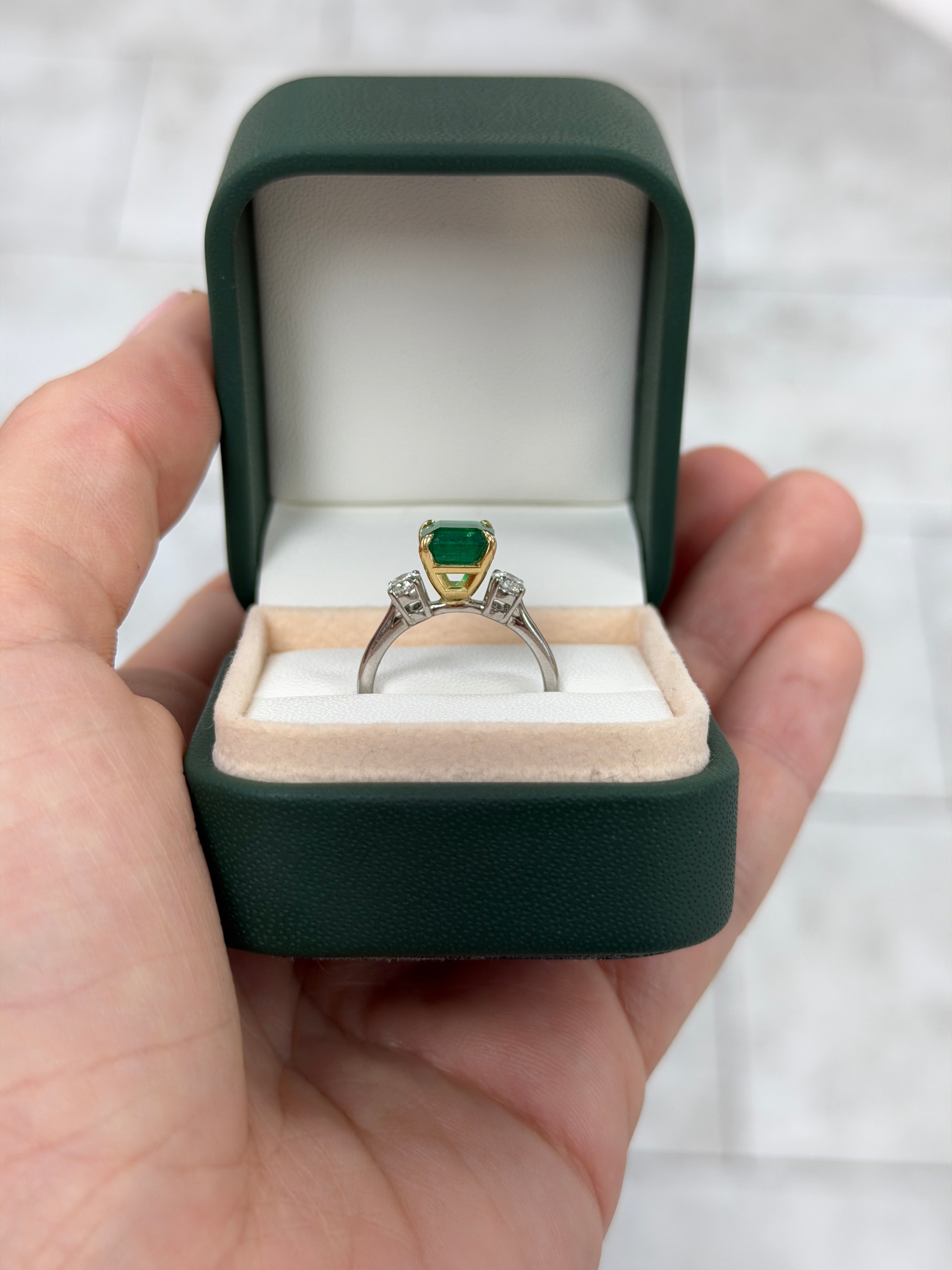 2.88tcw 18K Vivid Asscher Cut Emerald & Platinum Oval Diamond Three Stone