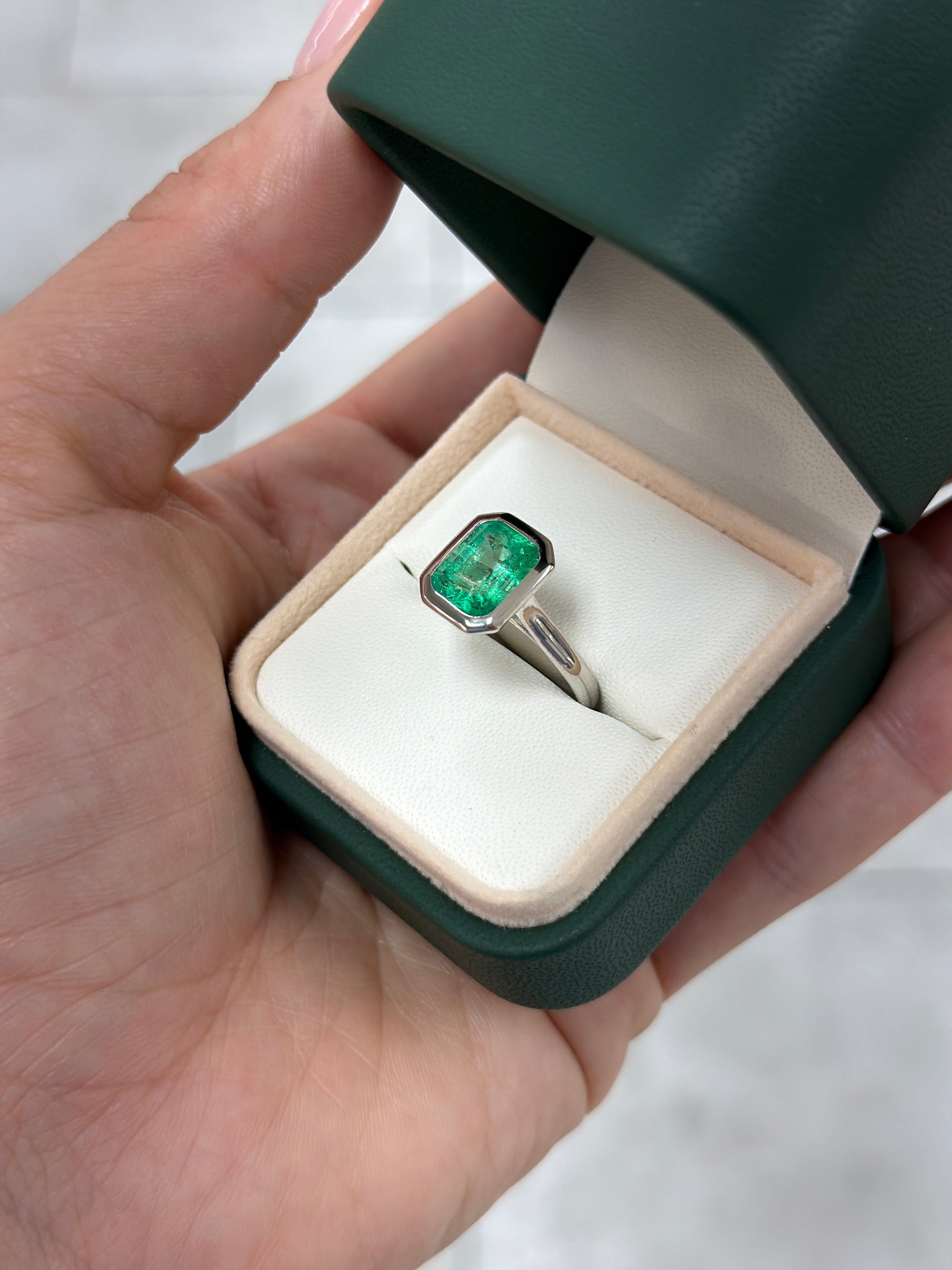 3.46ct 18K Chivor Colombian Emerald Bezel Set Emerald Solitaire White Gold Ring