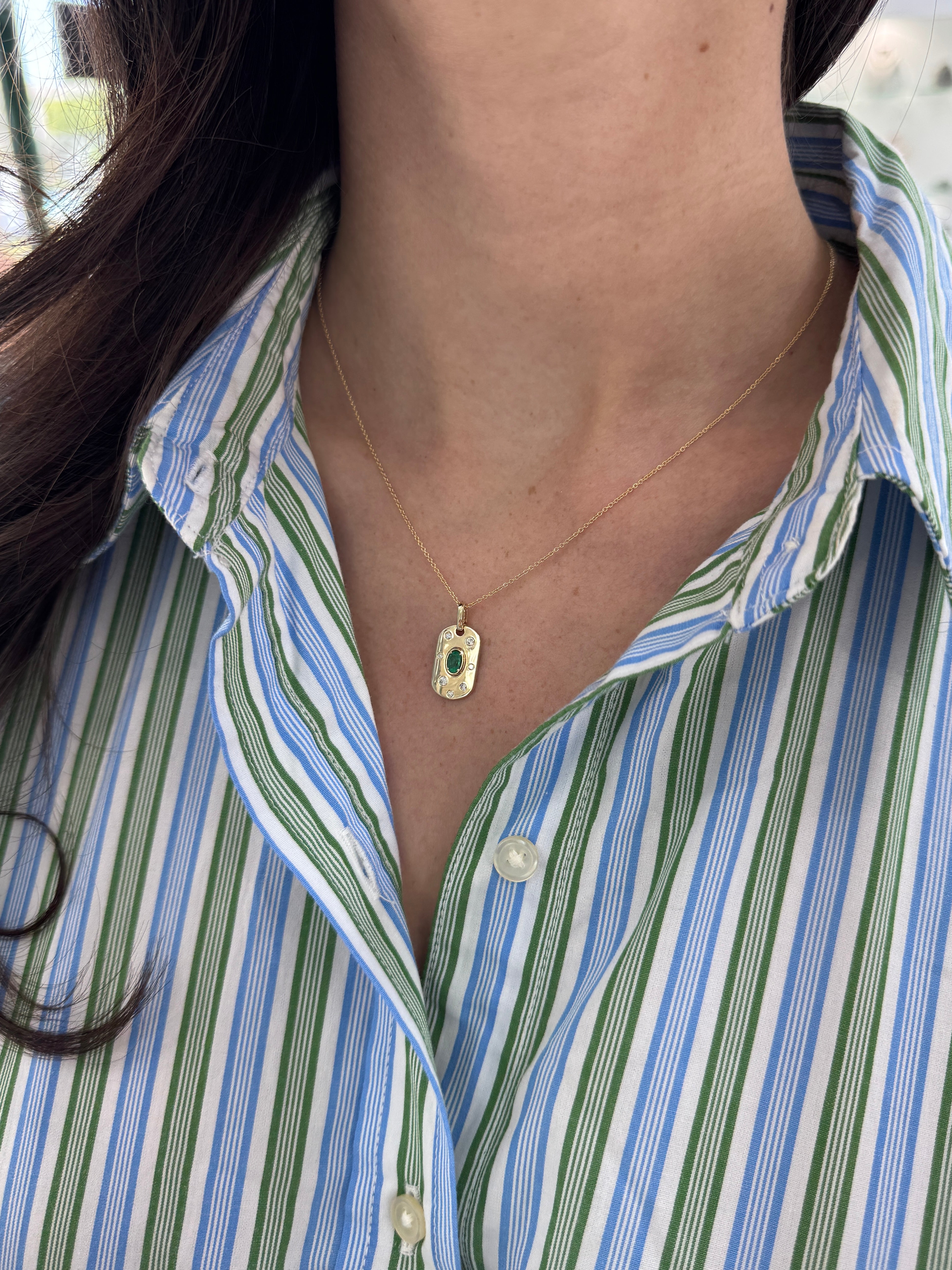 14K Natural Oval Cut Emerald & Diamond Dog Tag Pendant