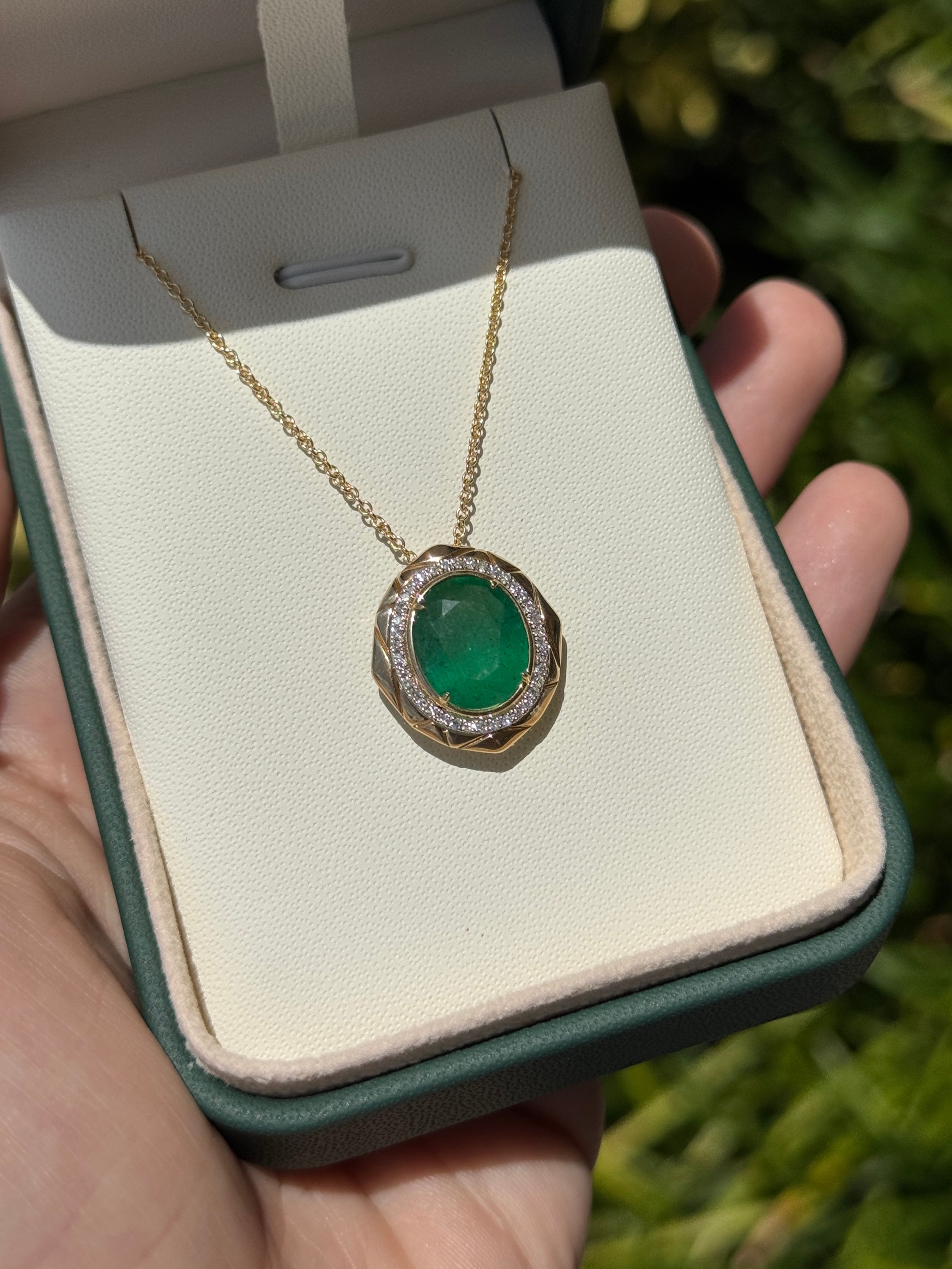 4.66tcw 14K Large Deep Green Oval Cut Emerald & Diamond Halo Medallion