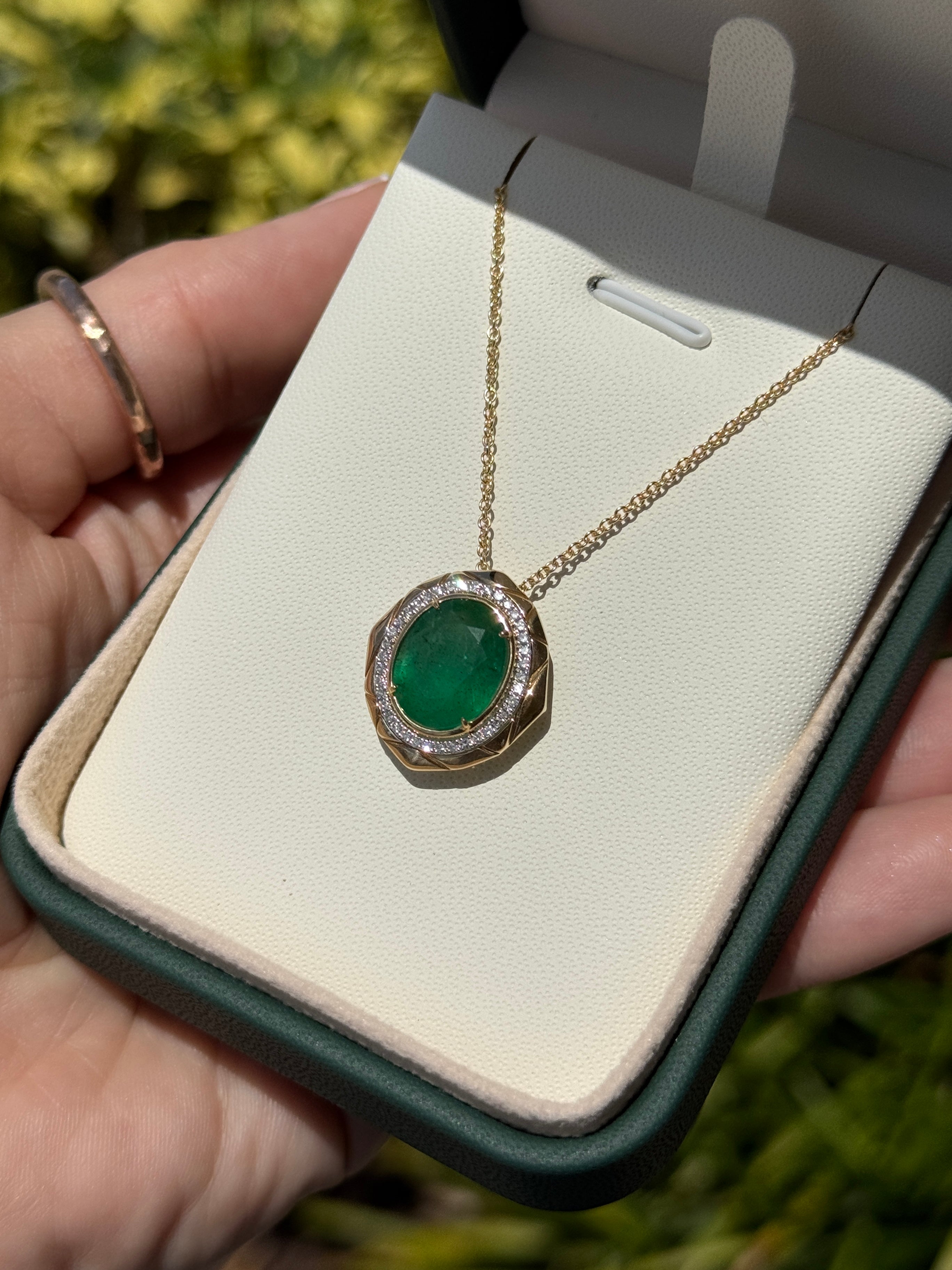 4.66tcw 14K Large Deep Green Oval Cut Emerald & Diamond Halo Medallion