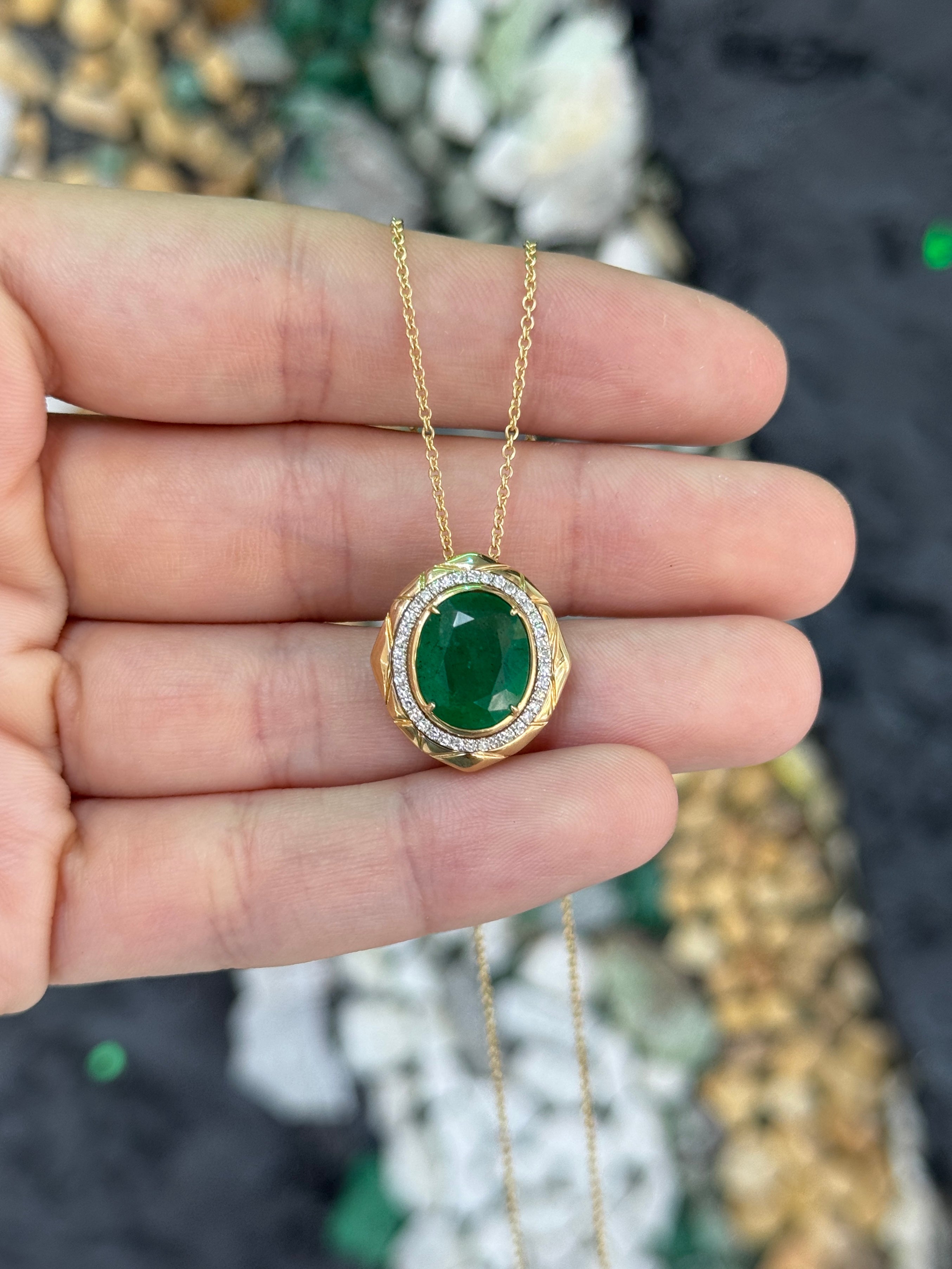 4.66tcw 14K Large Deep Green Oval Cut Emerald & Diamond Halo Medallion