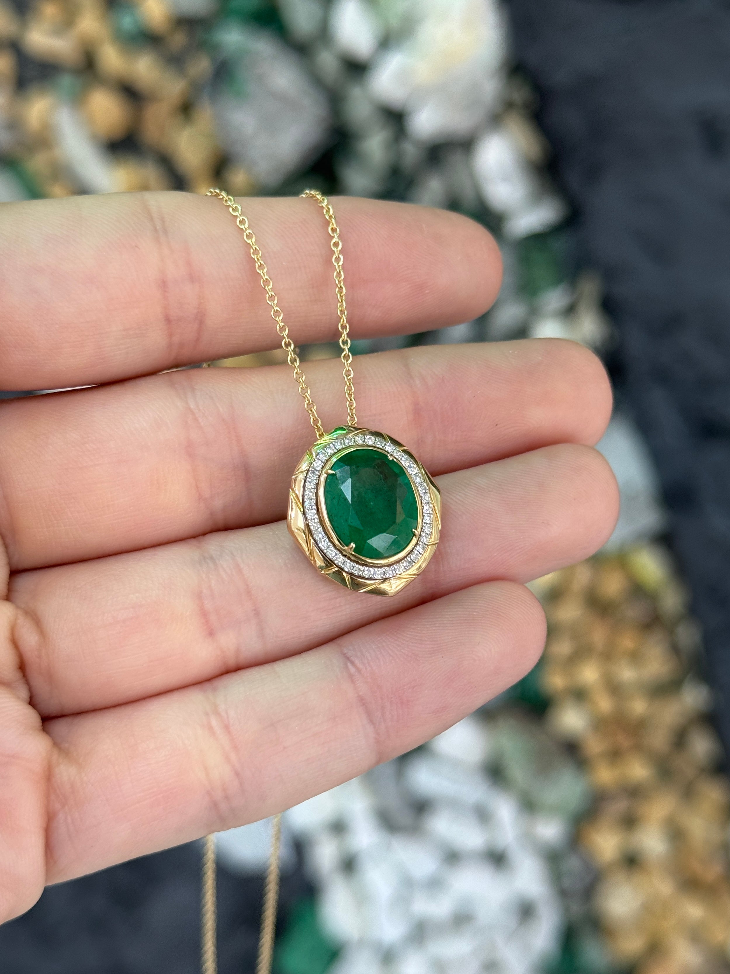 4.66tcw 14K Large Deep Green Oval Cut Emerald & Diamond Halo Medallion
