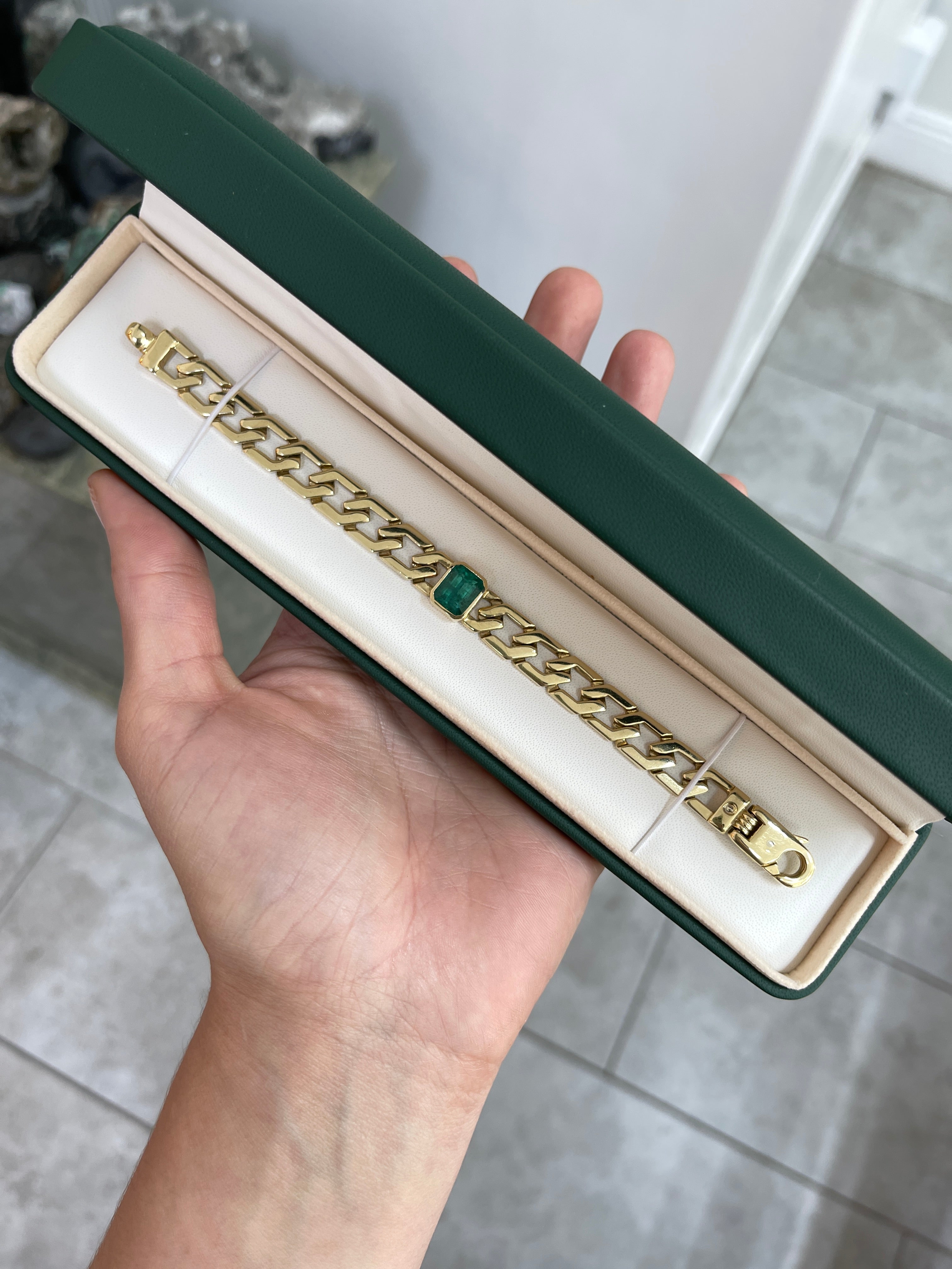 6.38 Carat Bezel Set Chunky Solid Gold Emerald Link Bracelet- 7 Inches - JR Colombian Emeralds