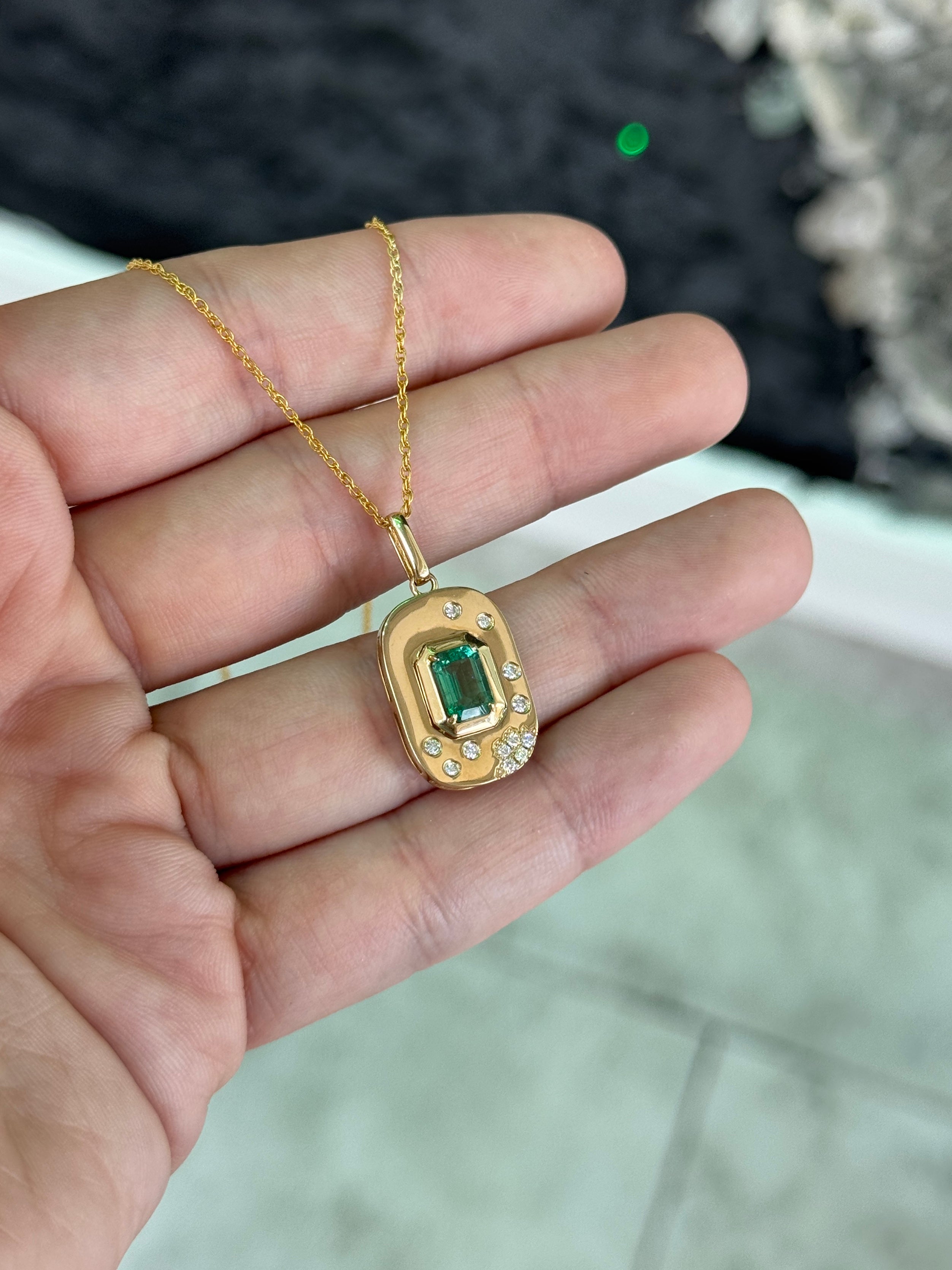 1.05tcw 14K Natural Emerald Cut Emerald & Diamond Cluster Accept Tag Charm Pendant