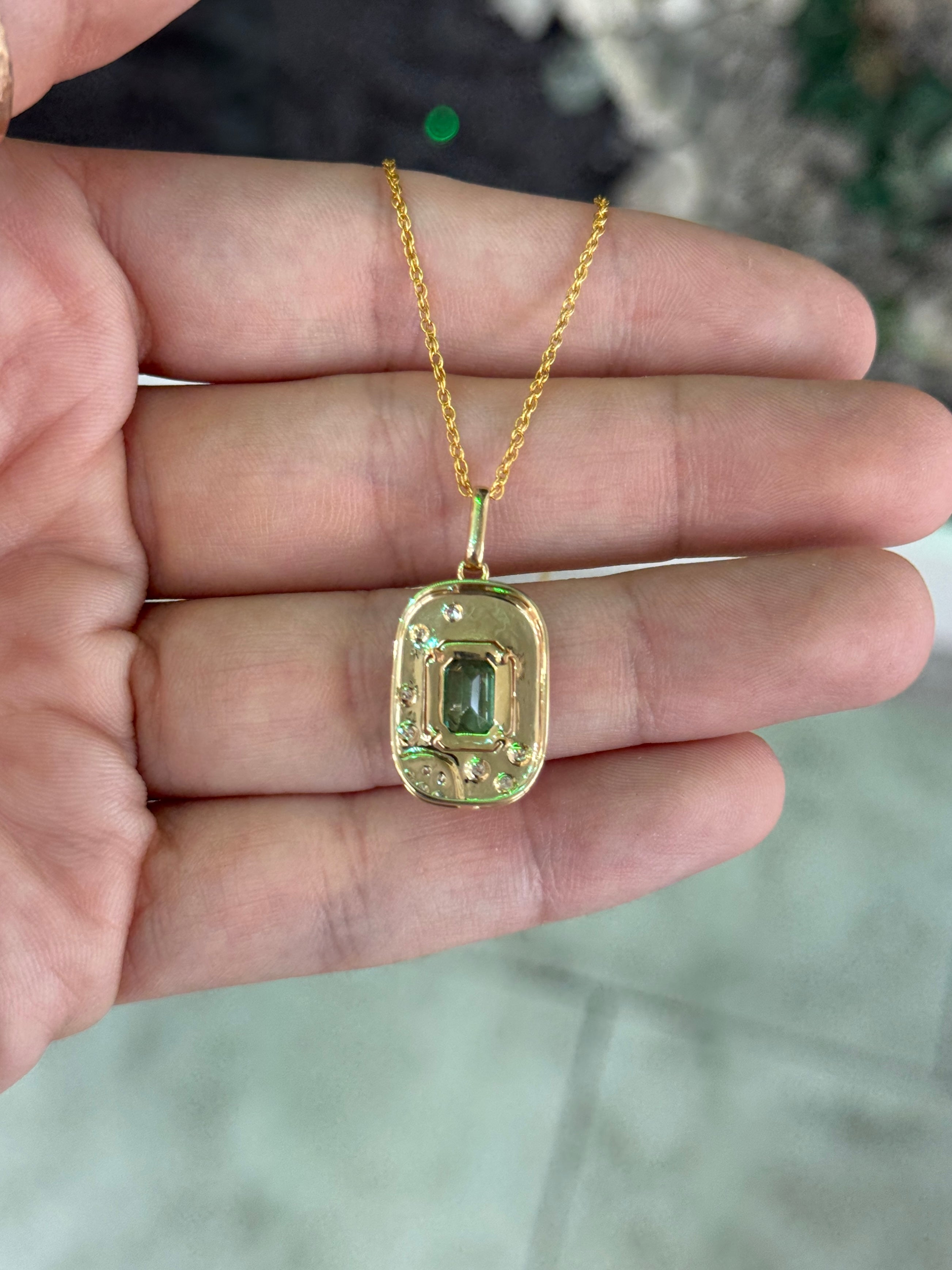 1.05tcw 14K Natural Emerald Cut Emerald & Diamond Cluster Accept Tag Charm Pendant