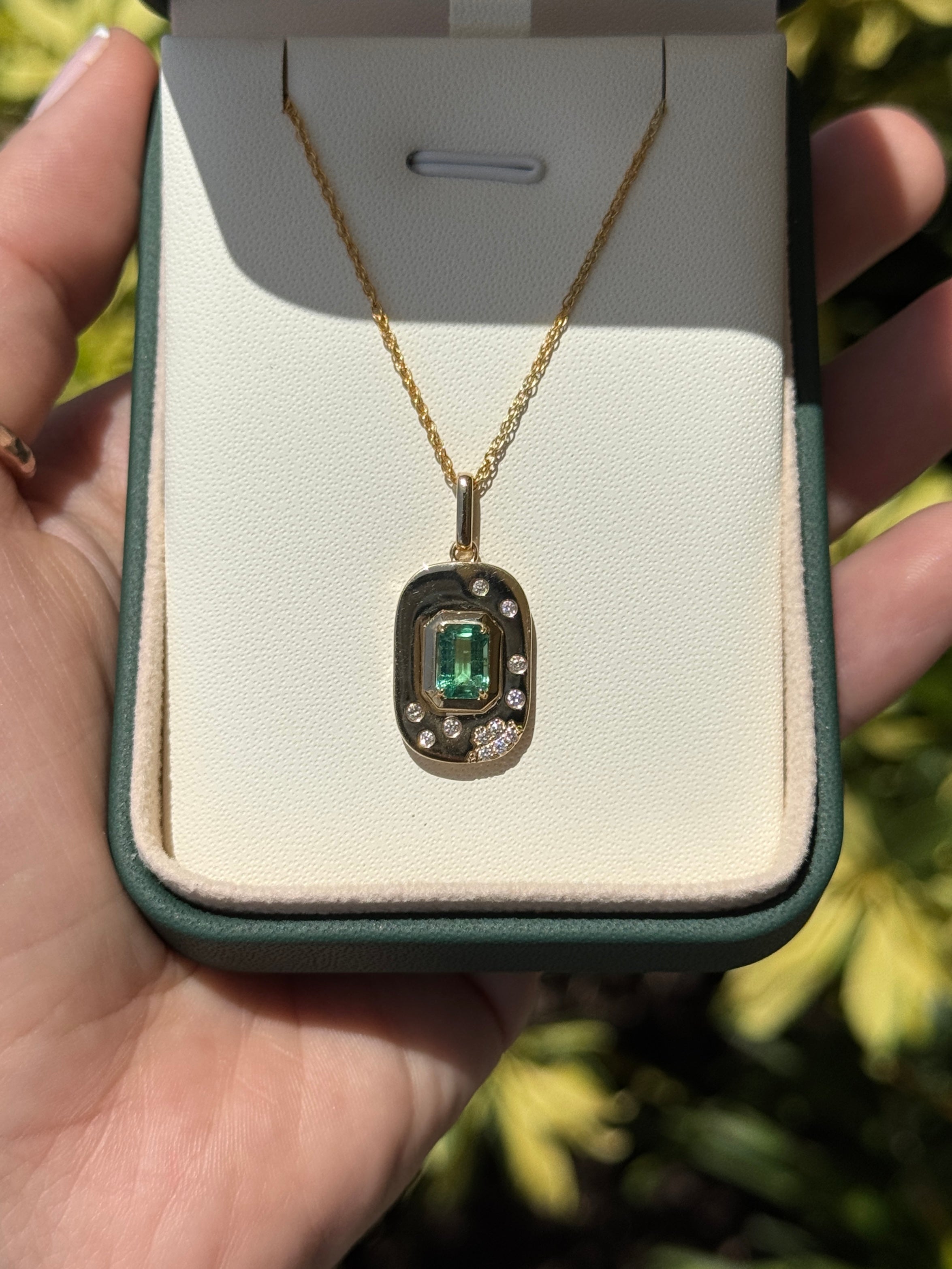 1.05tcw 14K Natural Emerald Cut Emerald & Diamond Cluster Accept Tag Charm Pendant