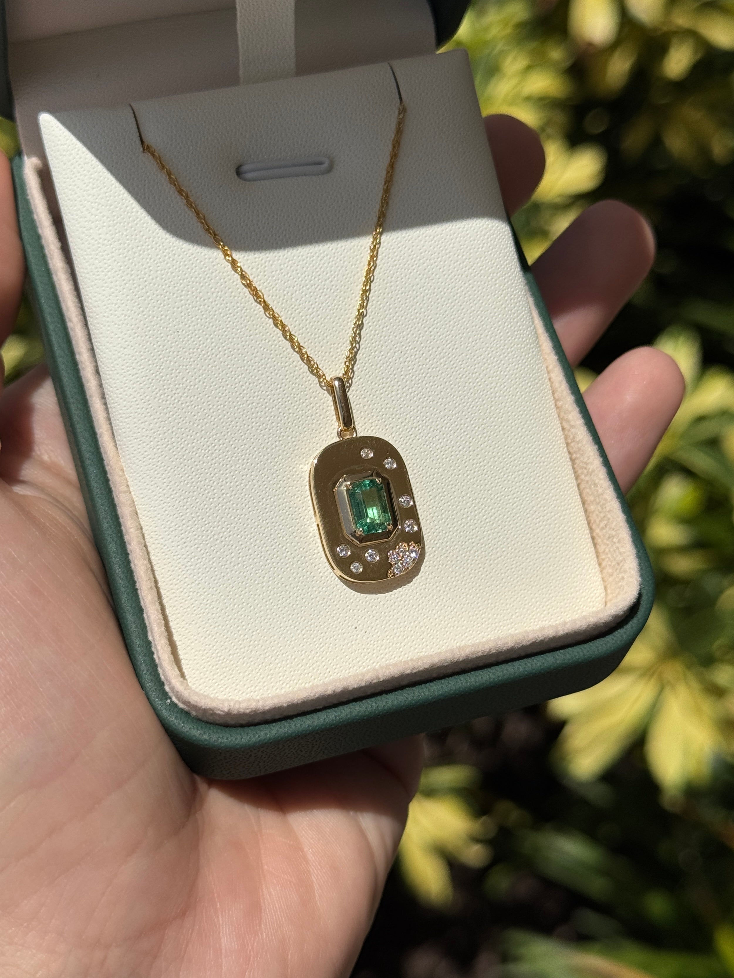 1.05tcw 14K Natural Emerald Cut Emerald & Diamond Cluster Accept Tag Charm Pendant