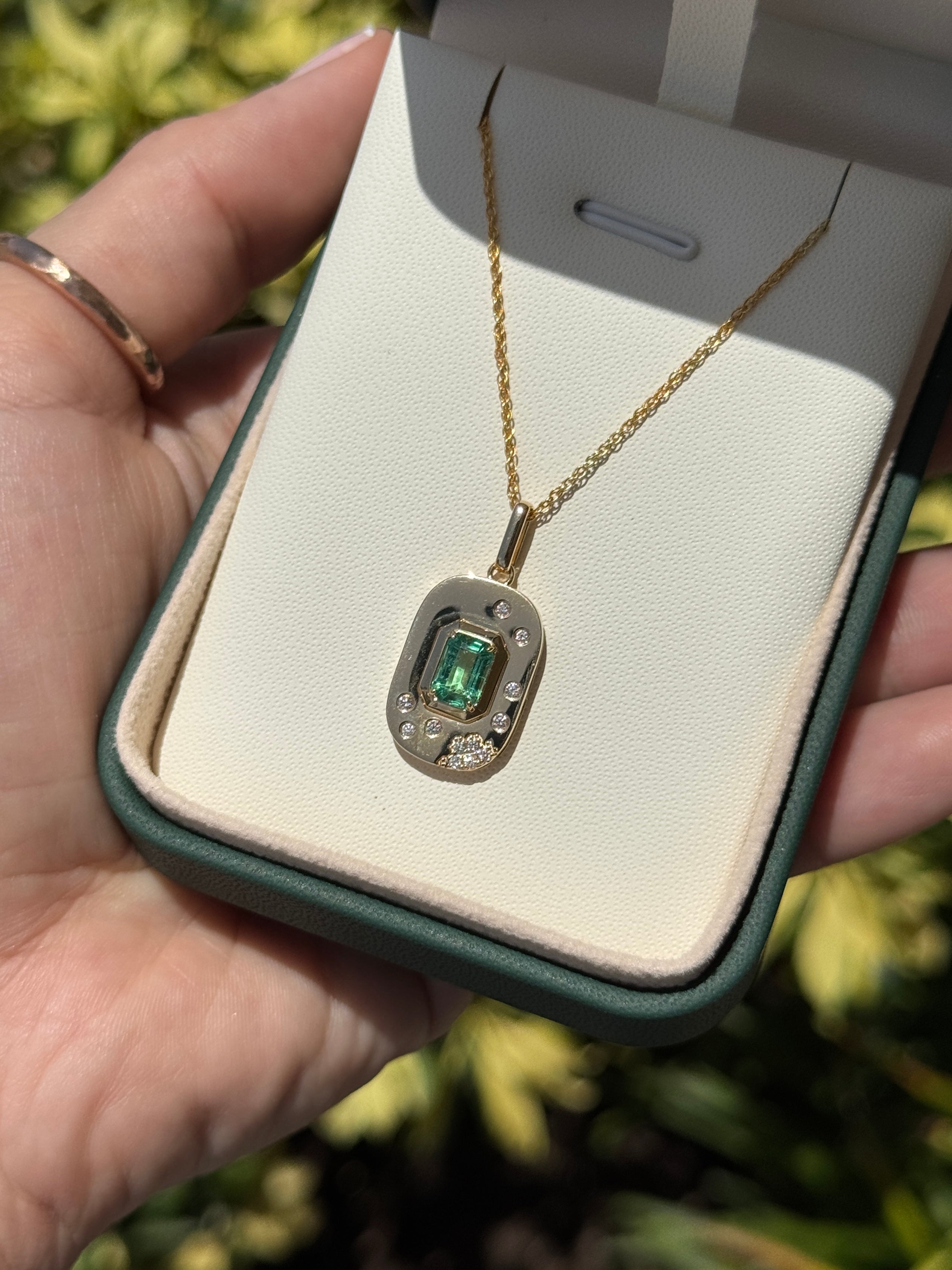 1.05tcw 14K Natural Emerald Cut Emerald & Diamond Cluster Accept Tag Charm Pendant