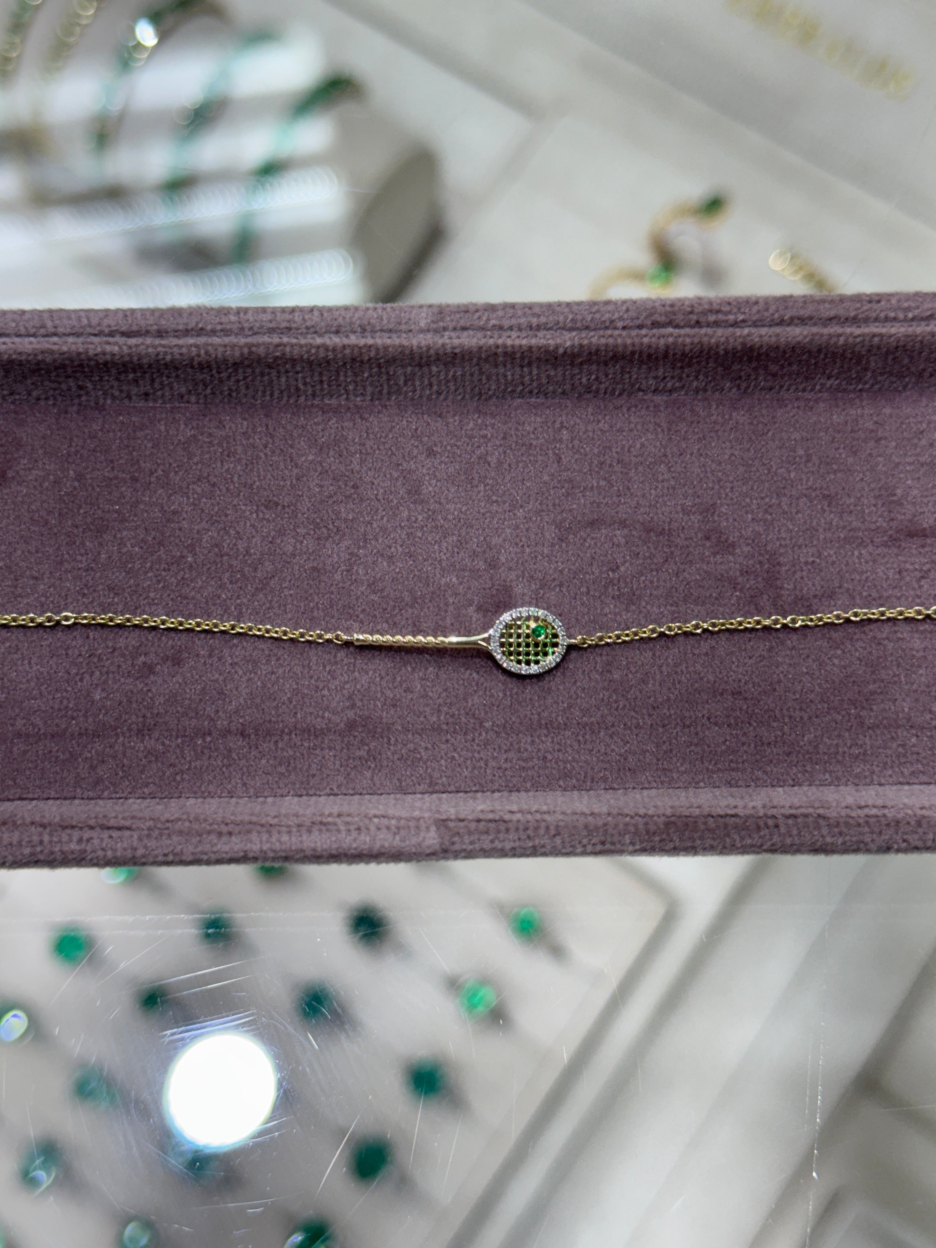 0.08tcw 14K Natural Round Emerald & Diamond Halo Tennis Bracket Gold Bracelet