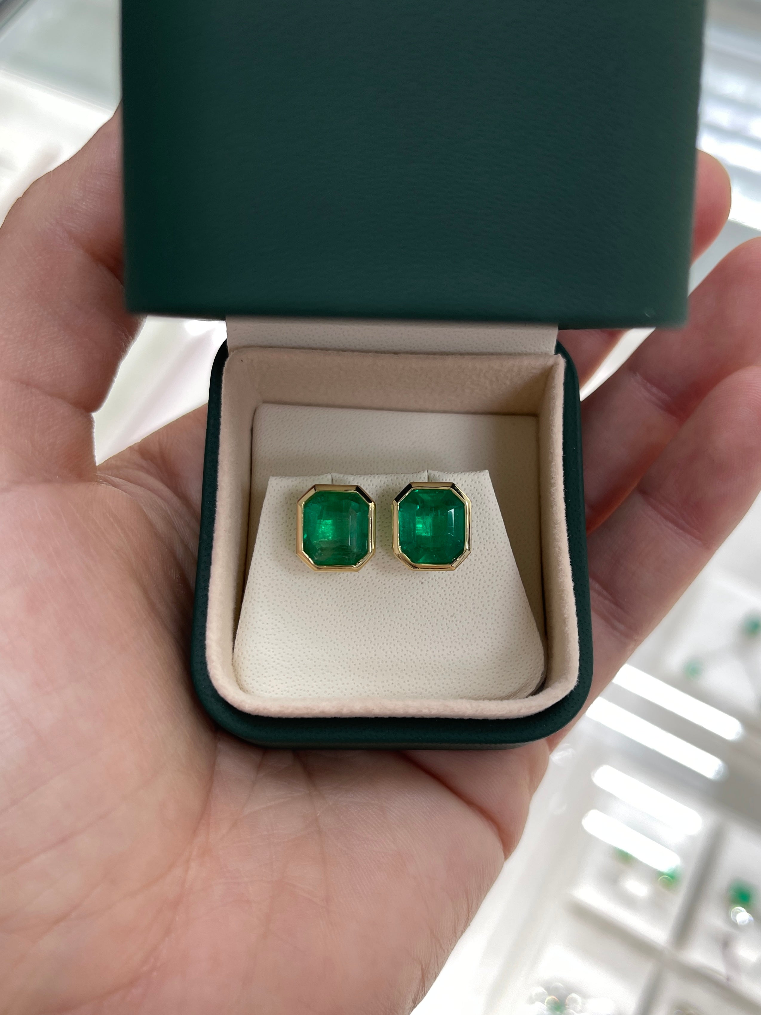 6.23TCW Chunky Emerald Cut Colombian Emerald Bezel Statement Earrings 14K - JR Colombian Emeralds