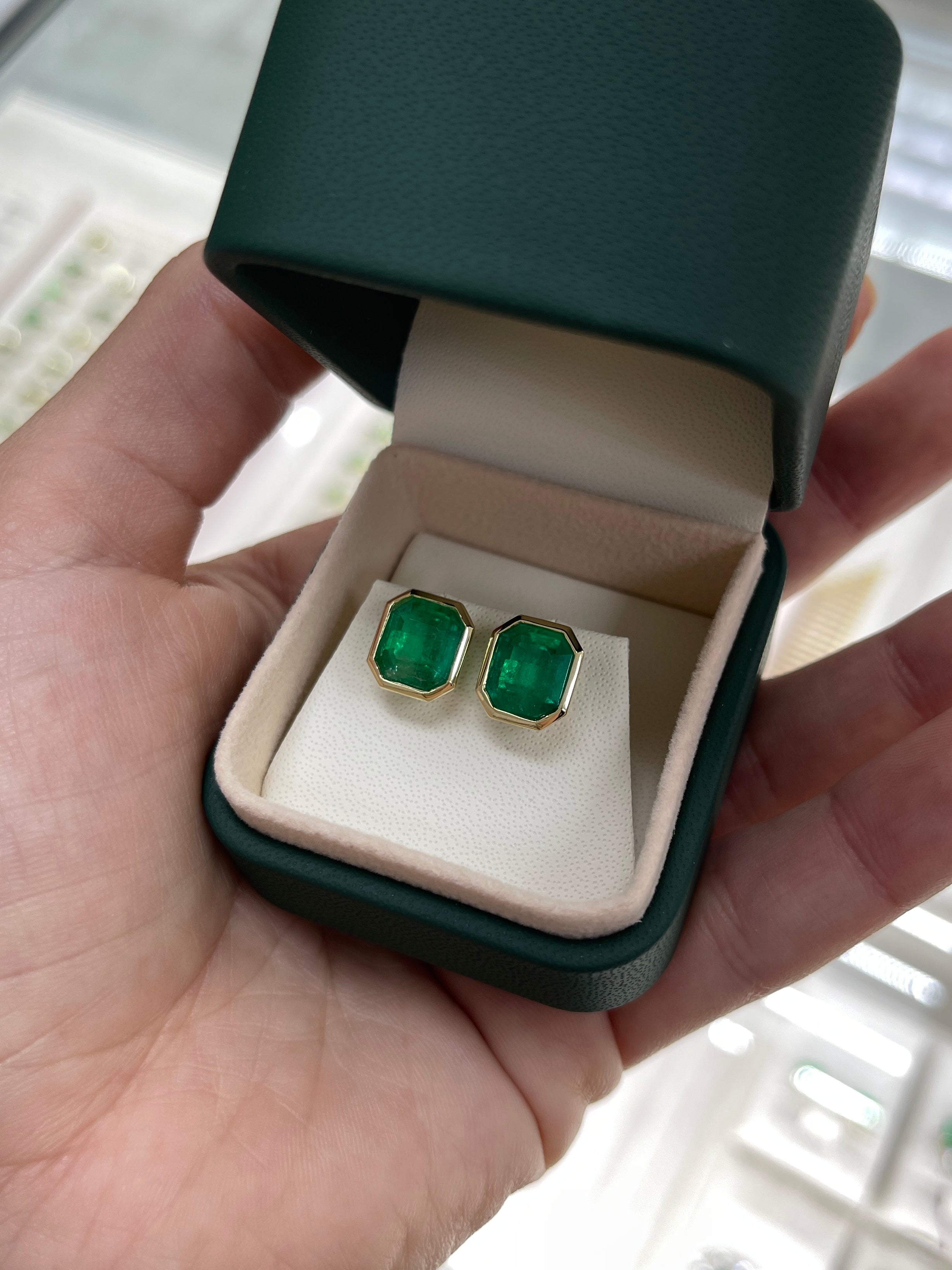 6.23TCW Chunky Emerald Cut Colombian Emerald Bezel Statement Earrings 14K - JR Colombian Emeralds