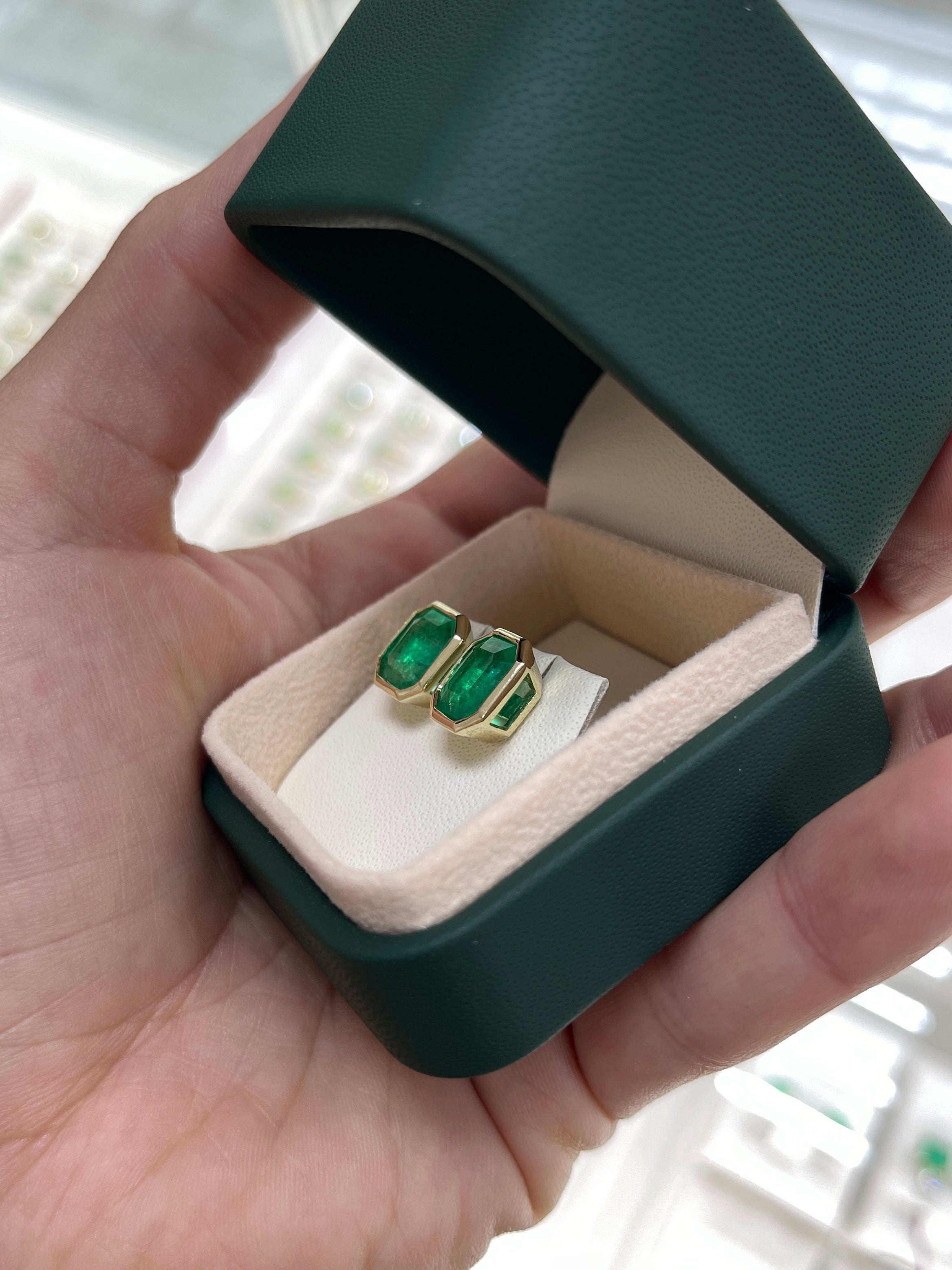 6.23TCW Chunky Emerald Cut Colombian Emerald Bezel Statement Earrings 14K - JR Colombian Emeralds