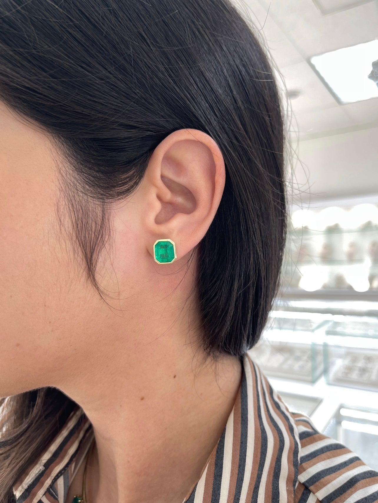 6.23TCW Chunky Emerald Cut Colombian Emerald Bezel Statement Earrings 14K - JR Colombian Emeralds