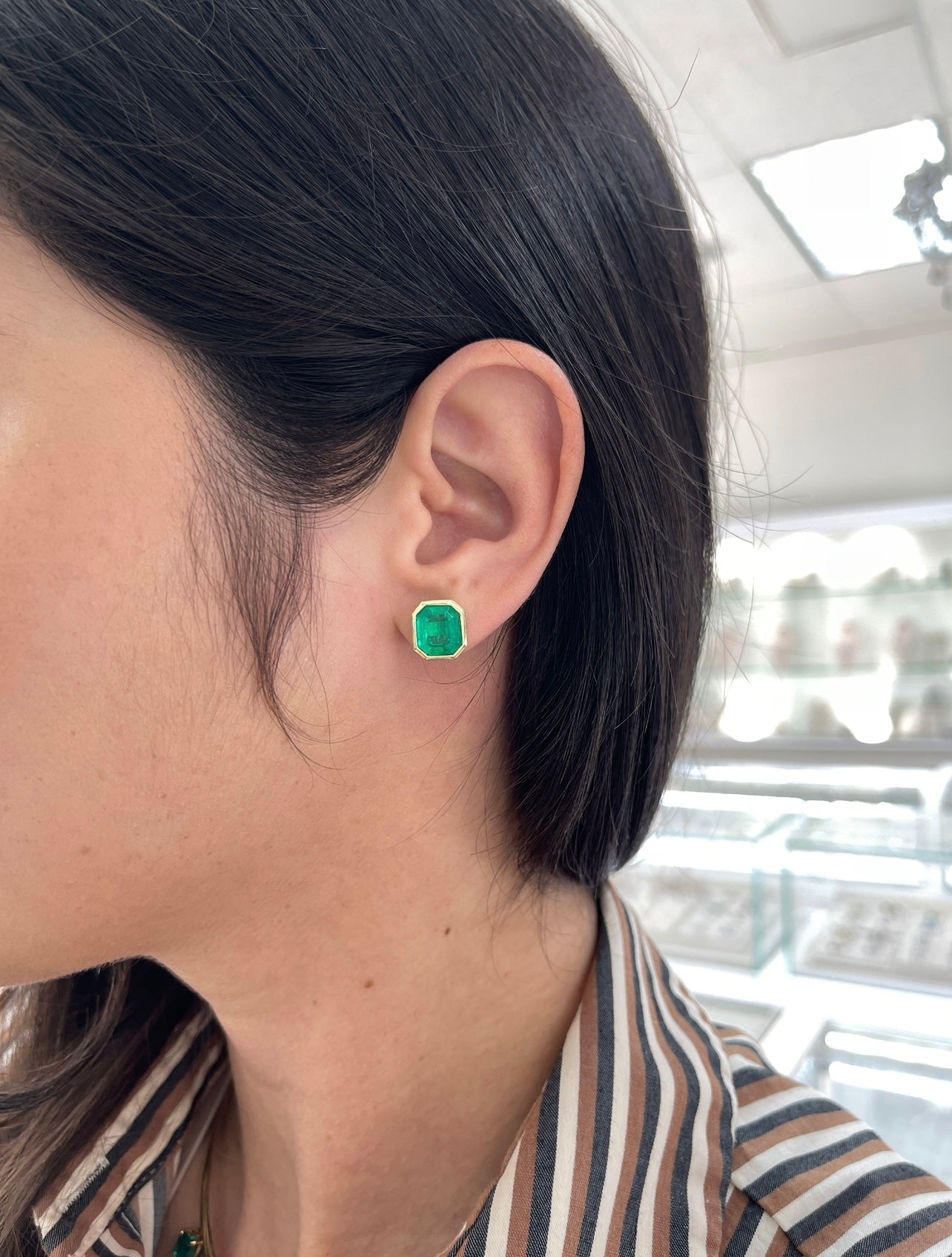 6.23TCW Chunky Emerald Cut Colombian Emerald Bezel Statement Earrings 14K - JR Colombian Emeralds