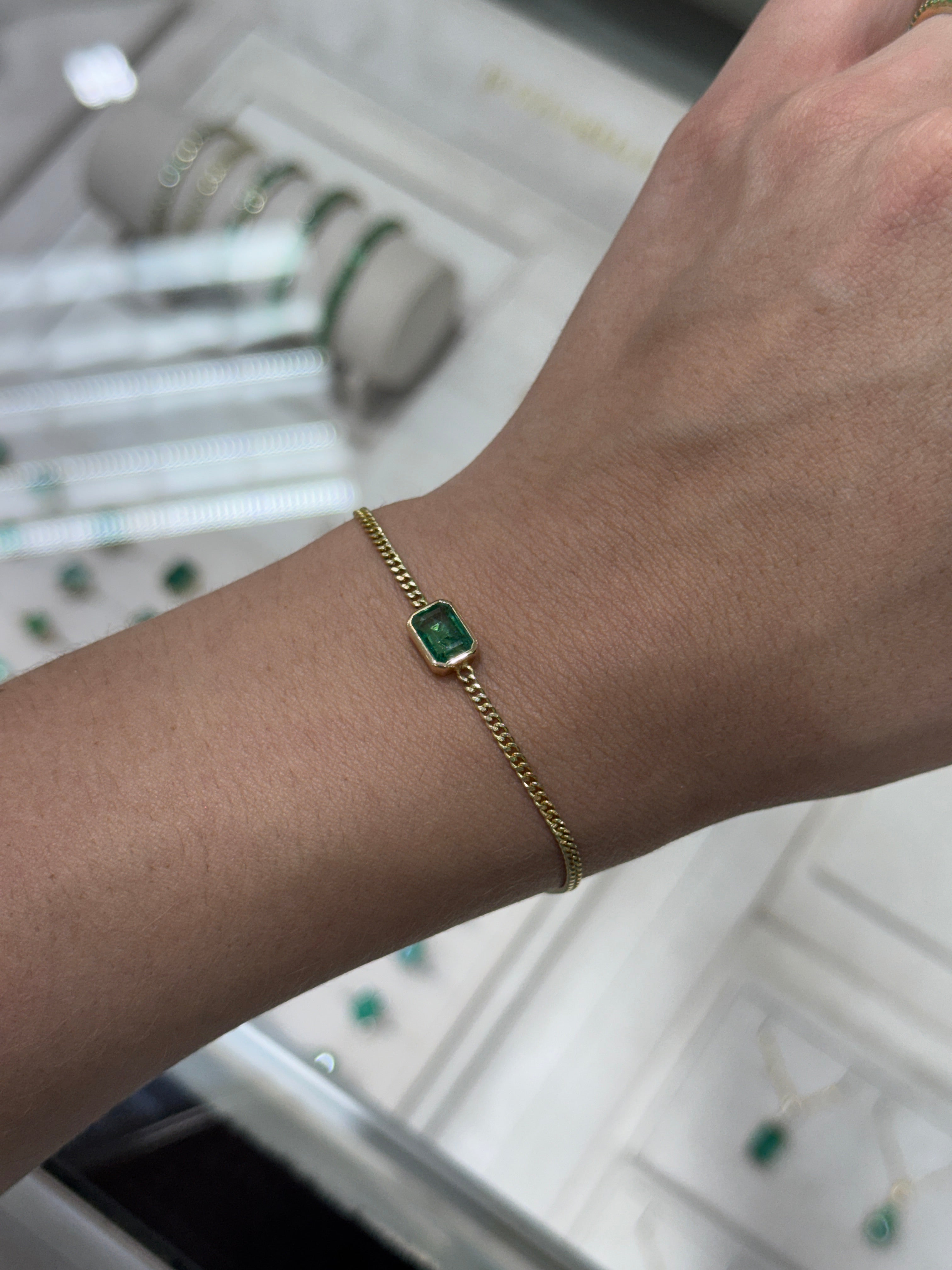 1.19ct 14K Bezel Set Emerald Cut Emerald Curb Chain Bracelet