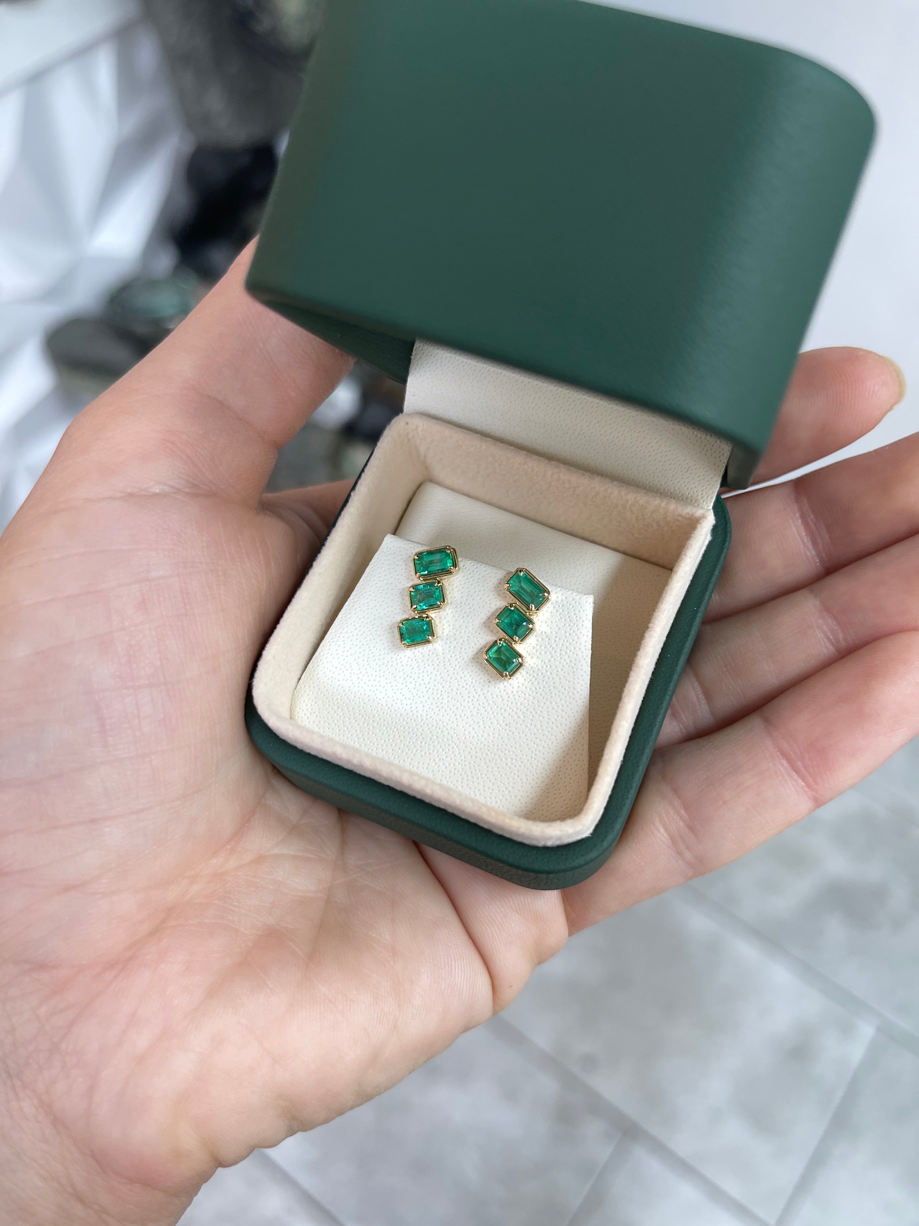 1.54tcw Emerald Cut Emerald Staircase Stud Earrings 14K - JR Colombian Emeralds