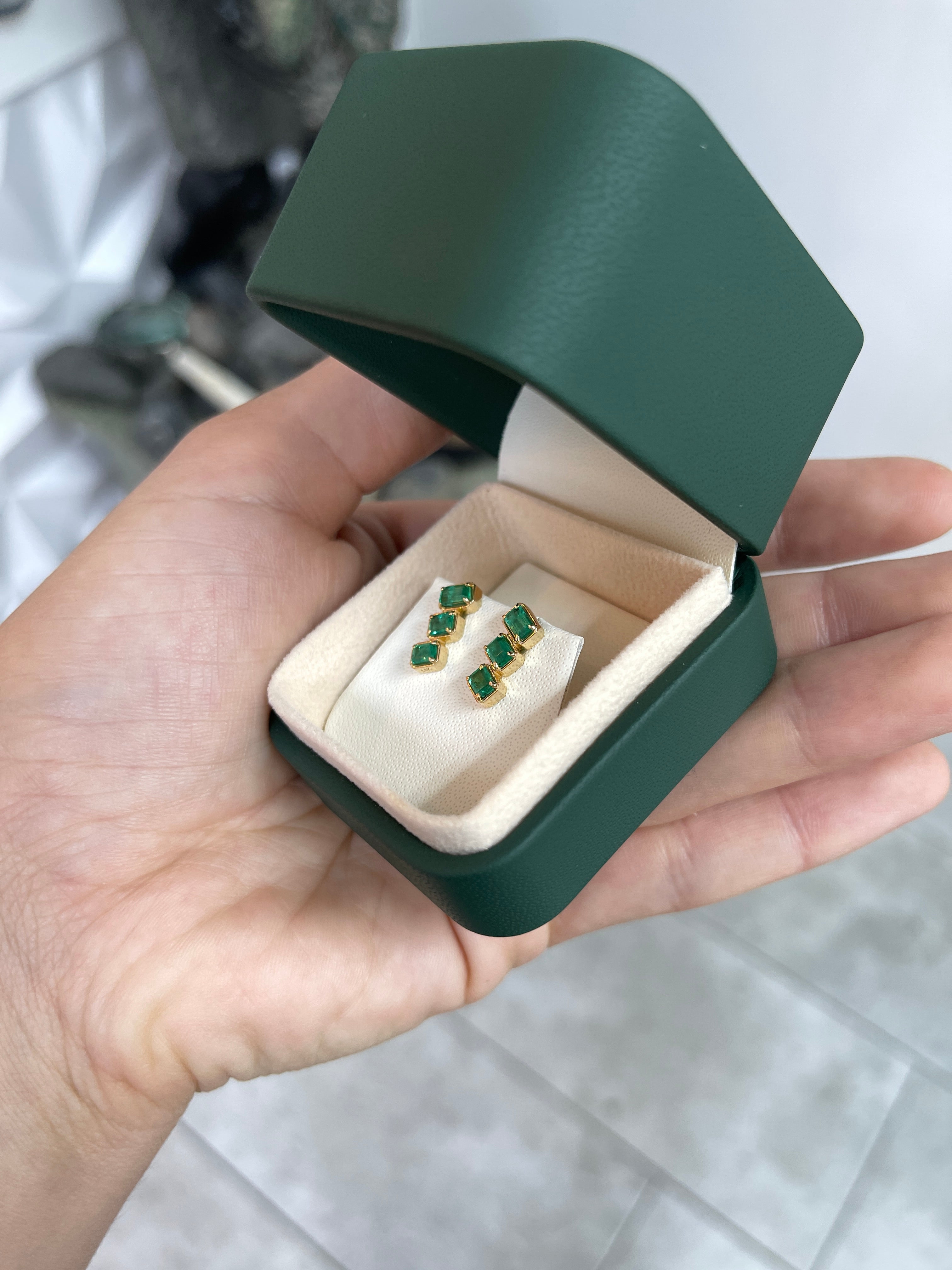 1.54tcw Emerald Cut Emerald Staircase Stud Earrings 14K - JR Colombian Emeralds