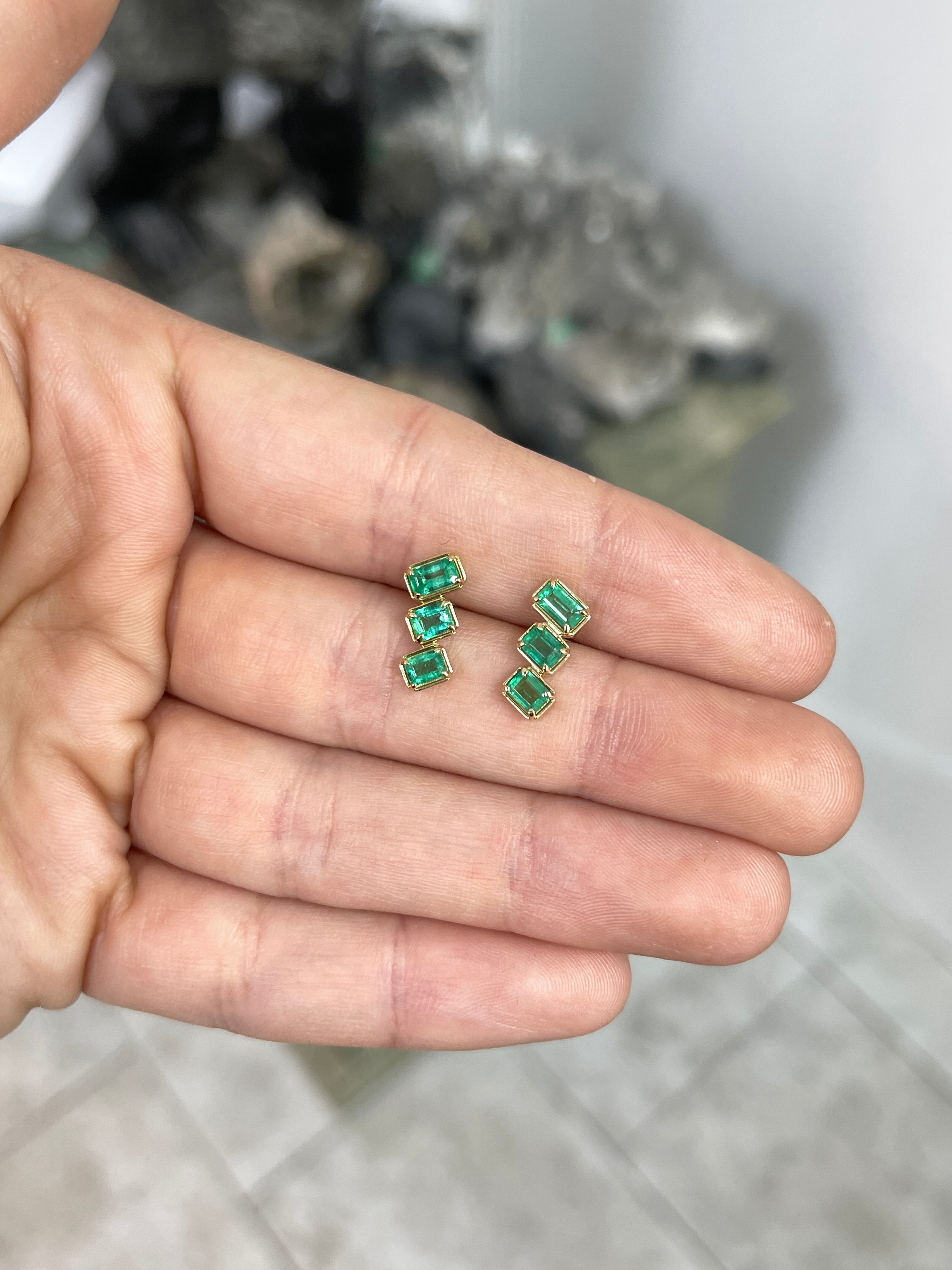 1.54tcw Emerald Cut Emerald Staircase Stud Earrings 14K - JR Colombian Emeralds