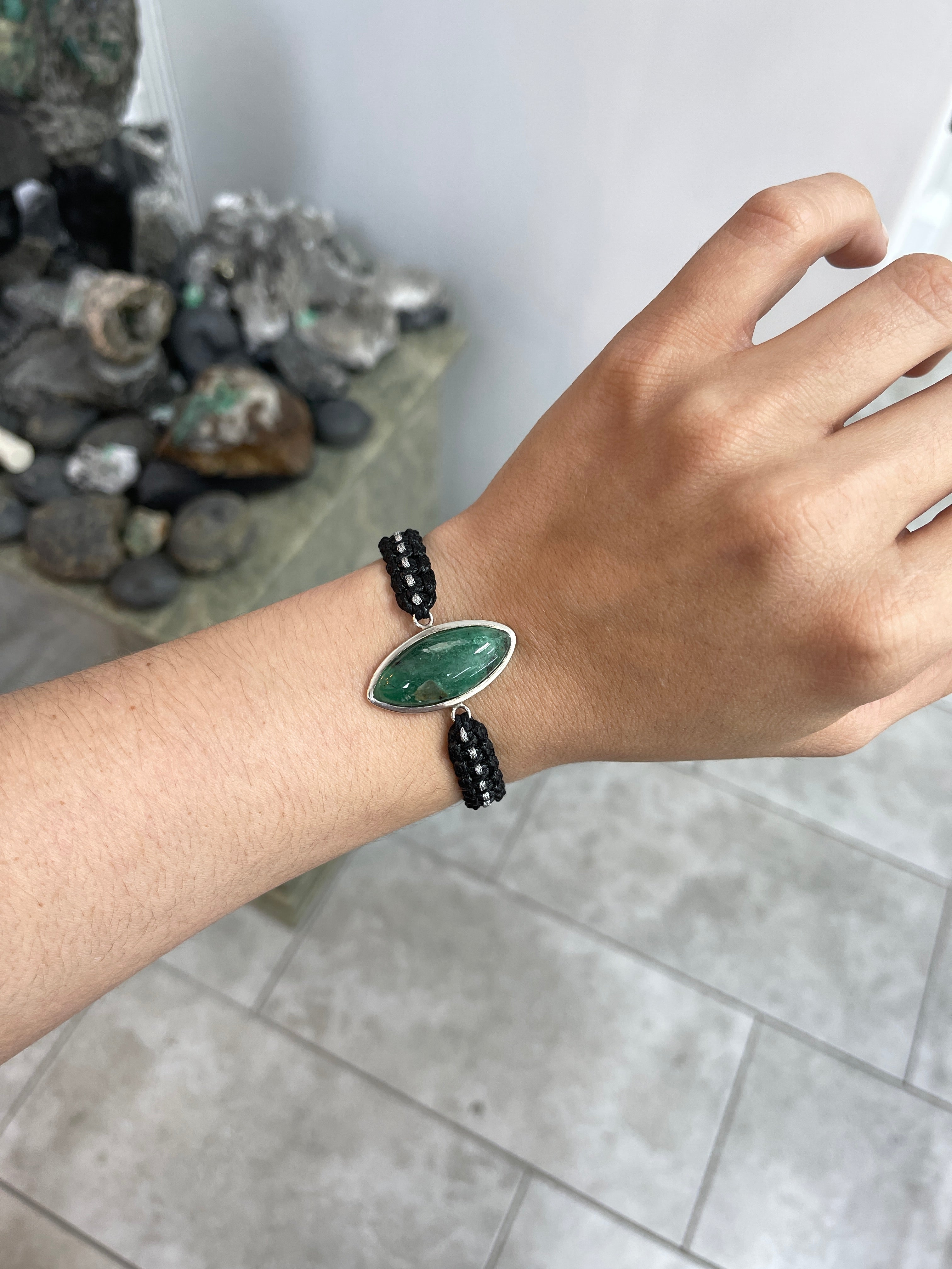 19.5 Carat Cabochon Marquise Colombian Emerald Bezel Cord Bracelet - JR Colombian Emeralds
