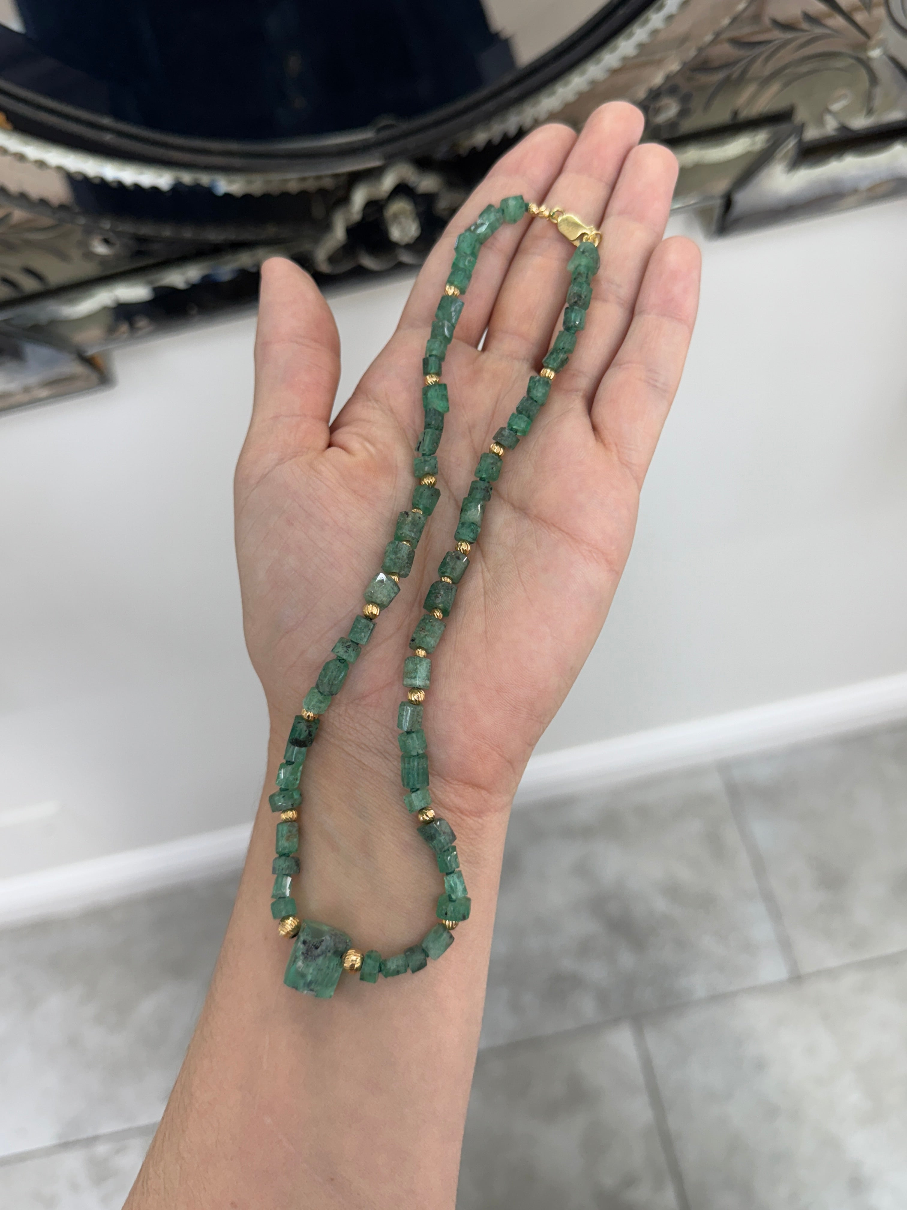 95.69tcw Natural Rough Colombian Emerald Earthy Tennis Necklace - 17 Inches 18K Gold