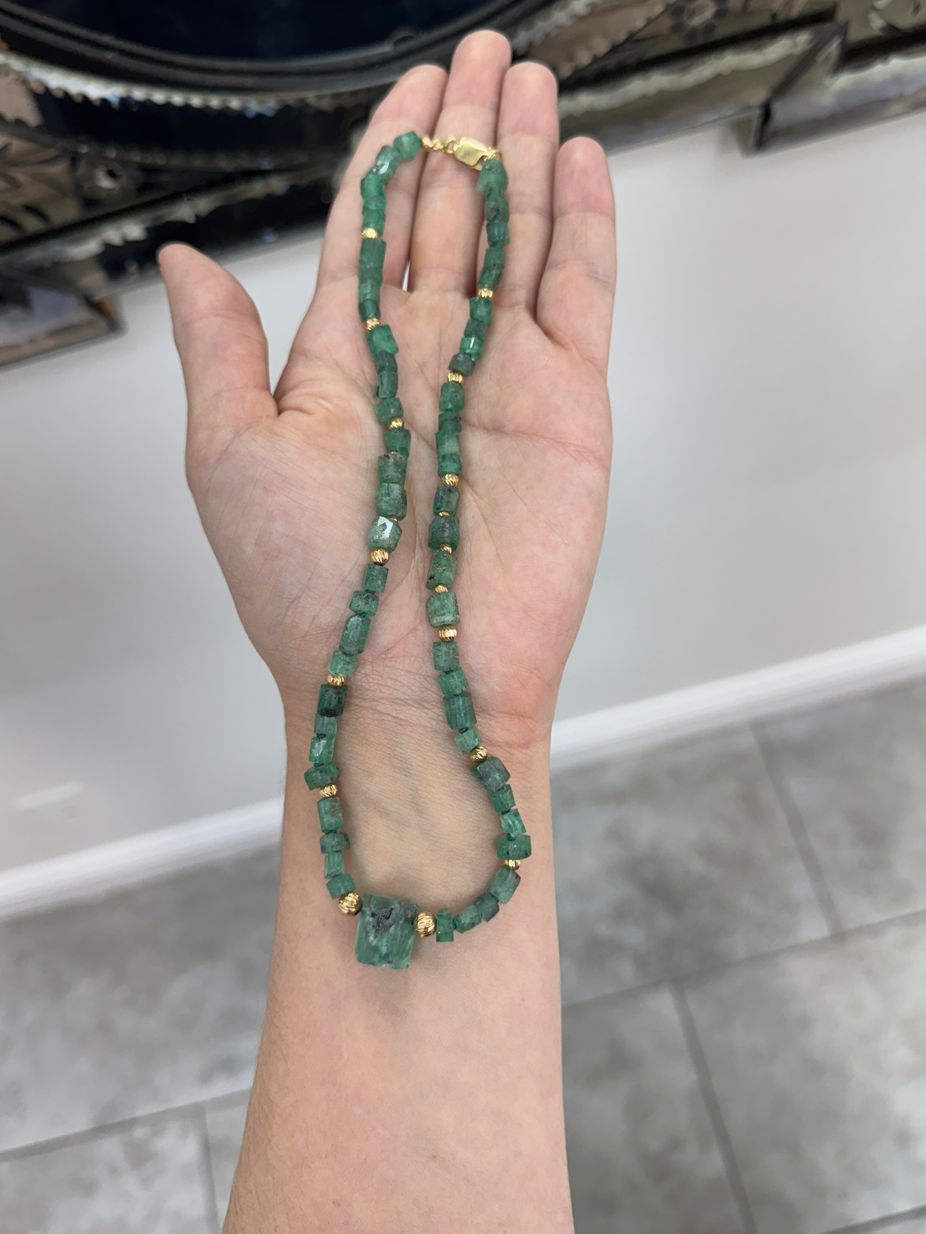 95.69tcw Natural Rough Colombian Emerald Earthy Tennis Necklace - 17 Inches 18K Gold