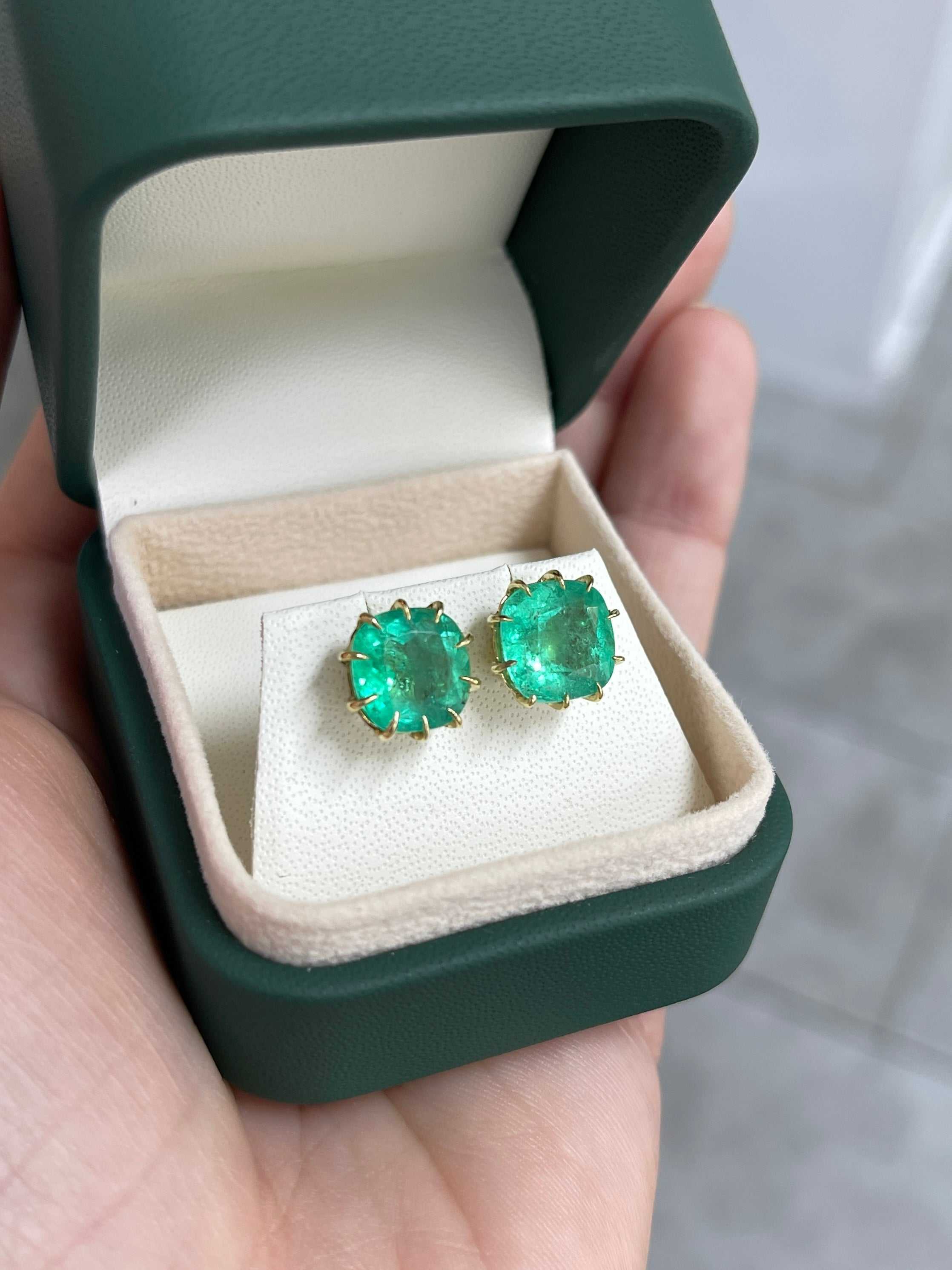 6.74tcw Colombian Emerald Cushion Cut Multi Prong 18K Statement Studs