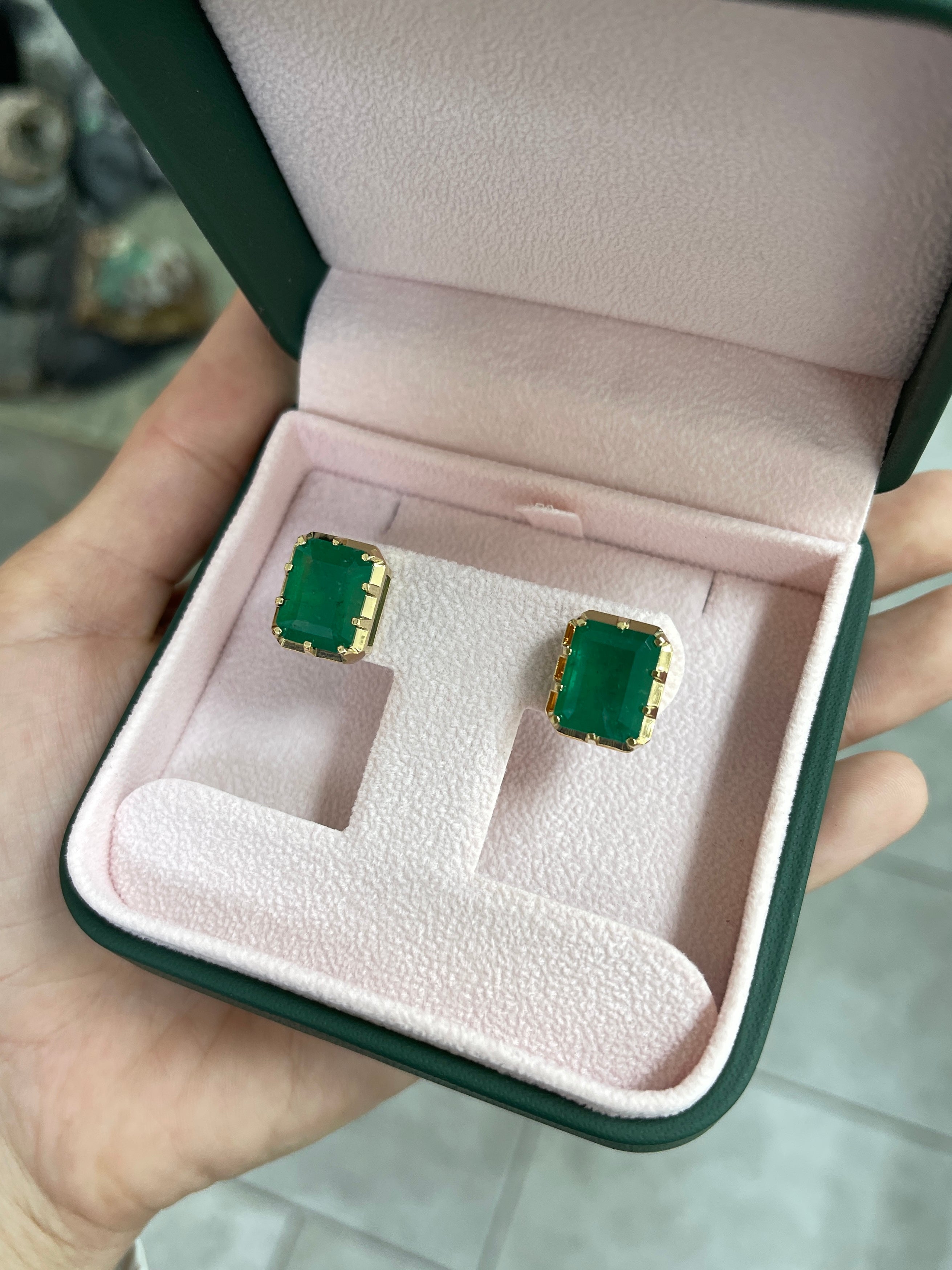 13.90tcw Zambian Emerald Multi Prong 18K Statement Studs - JR Colombian Emeralds