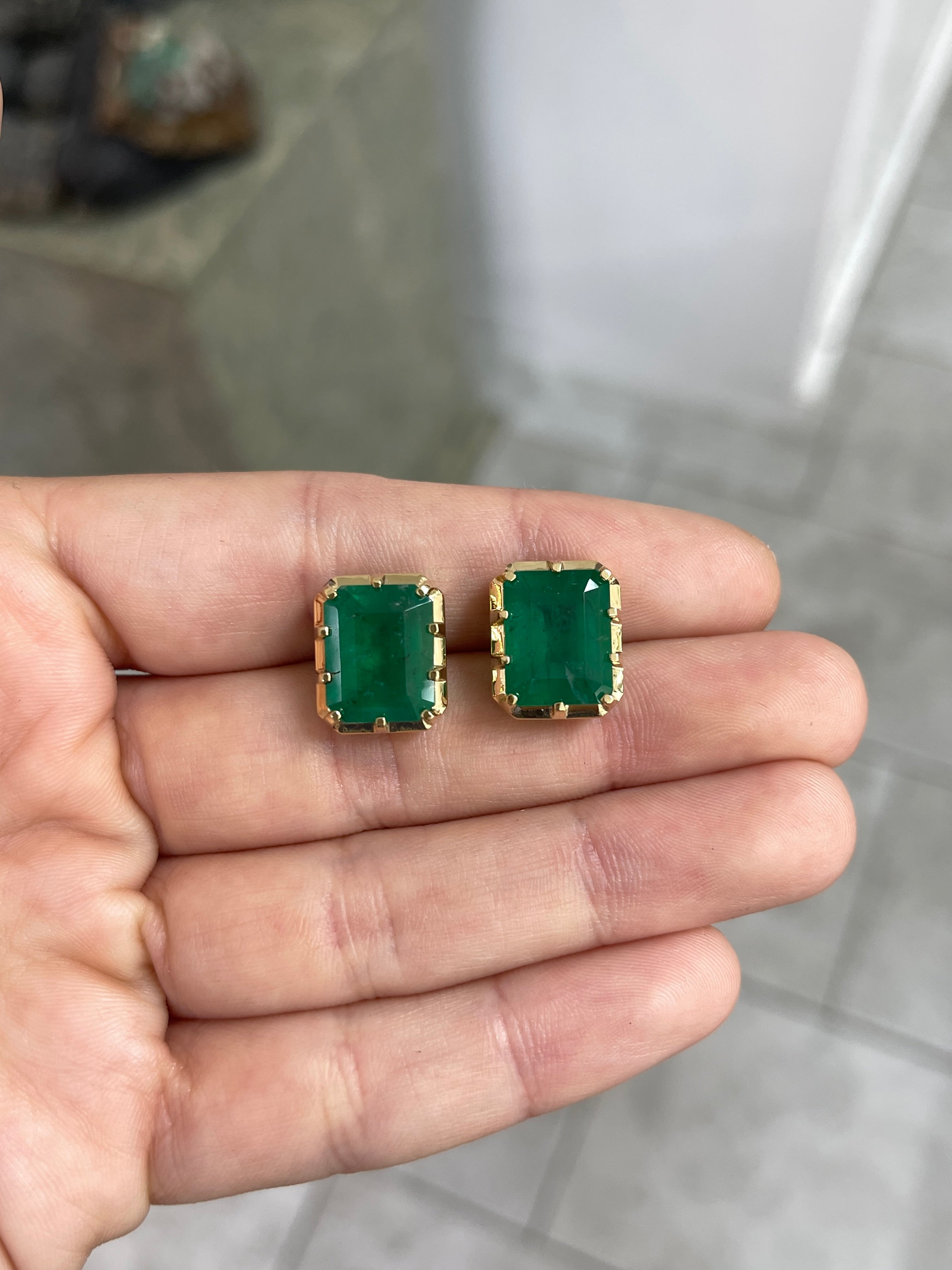 13.90tcw Zambian Emerald Multi Prong 18K Statement Studs - JR Colombian Emeralds