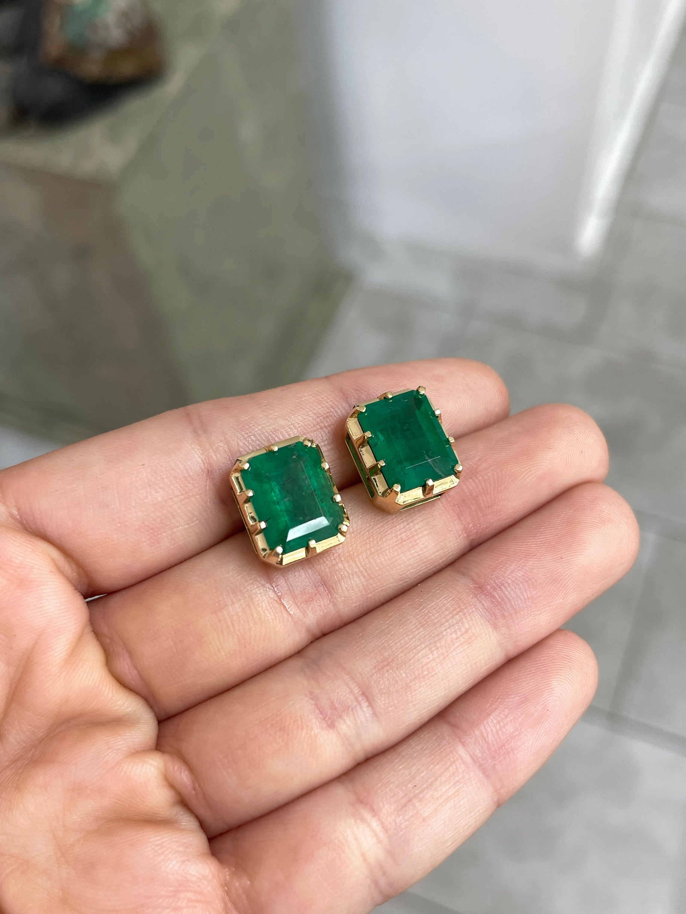13.90tcw Zambian Emerald Multi Prong 18K Statement Studs - JR Colombian Emeralds