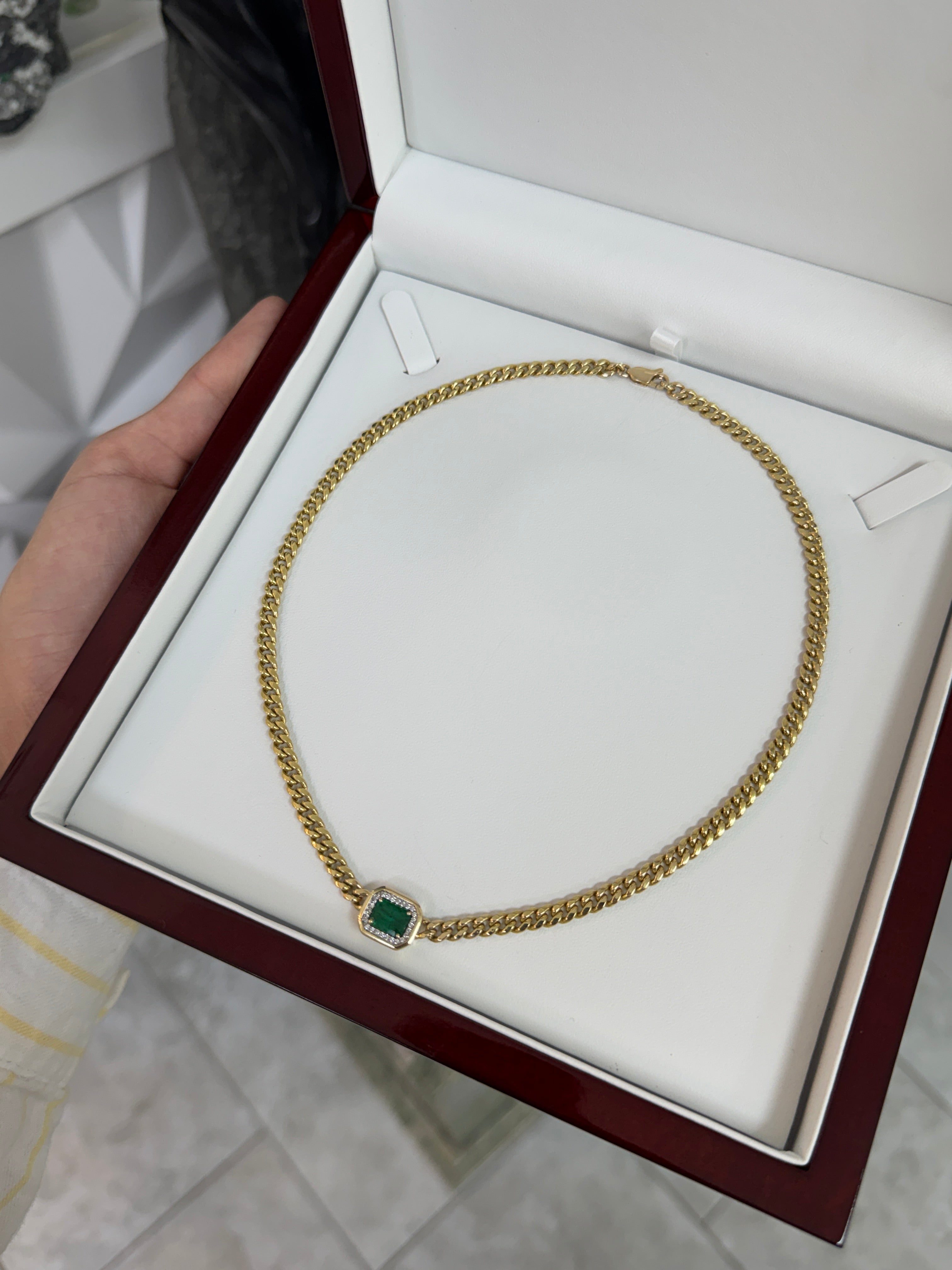 2.0tcw 14K Deep Green Emerald Cut Emerald & Diamond Halo Cuban Link Necklace