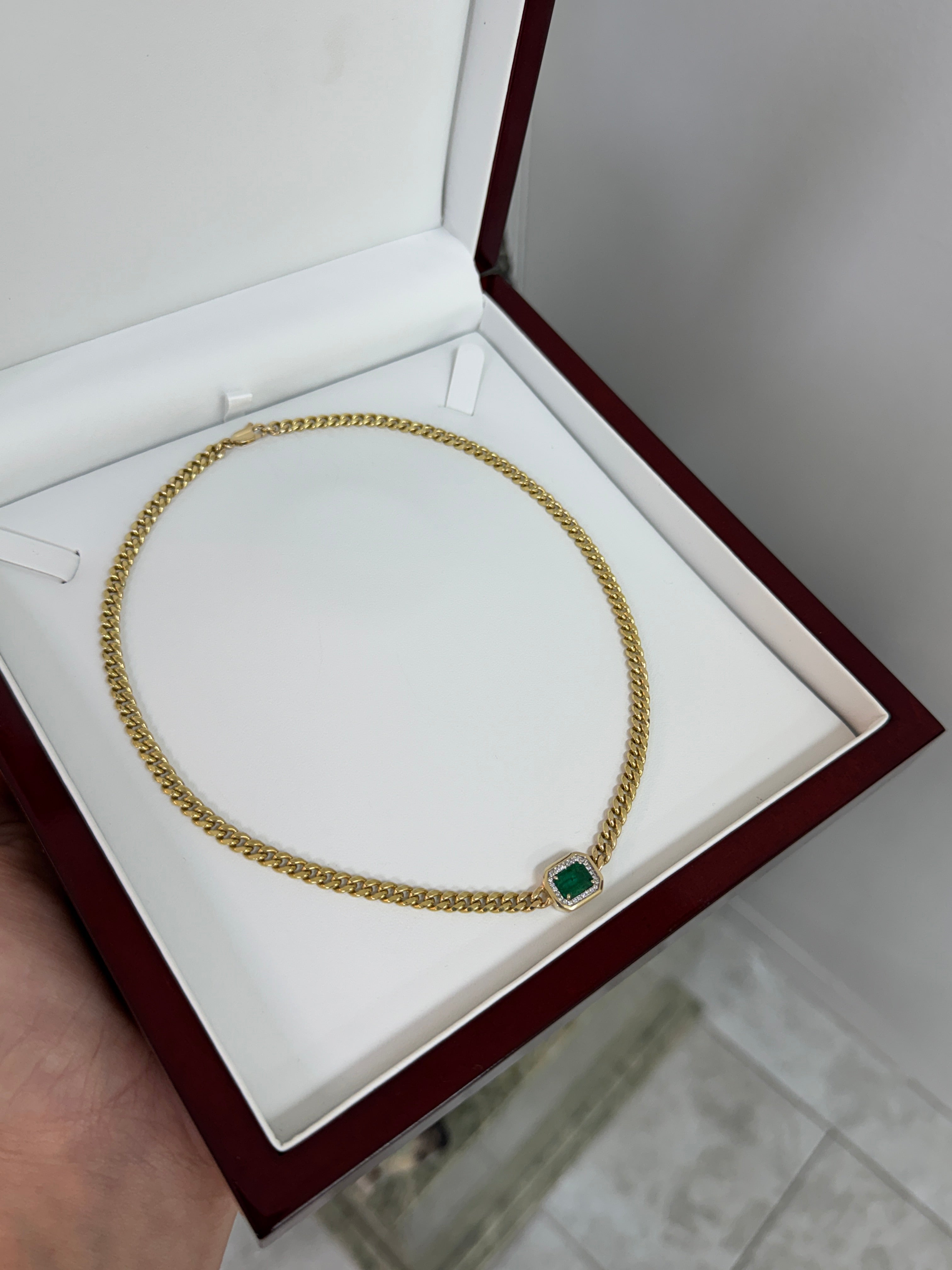 2.0tcw 14K Deep Green Emerald Cut Emerald & Diamond Halo Cuban Link Necklace