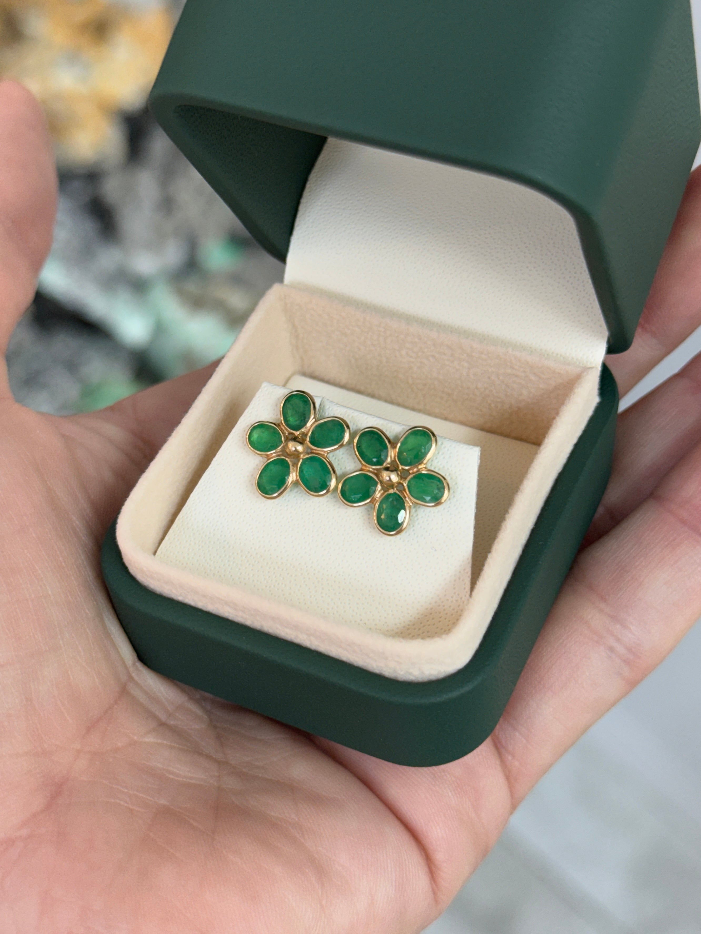 3.14tcw 14K Bezel Set Floral Emerald Stud Earrings